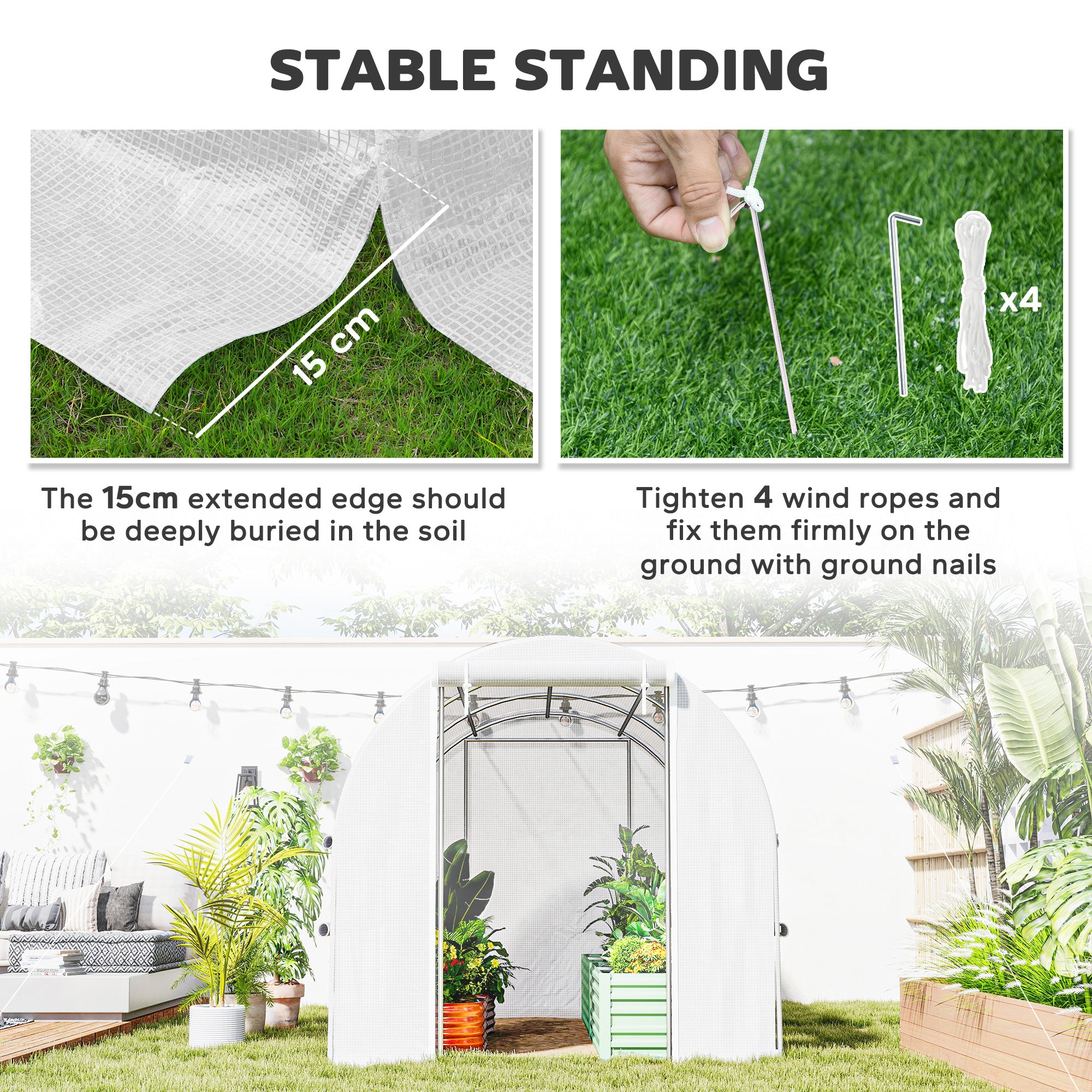 9.7' x 6.5' x 6.5' Walk-in Tunnel Greenhouse, Outdoor Green House with Anti-Tear PE Cover, Zipper Doors and Mesh Windows, White - White - Image 6