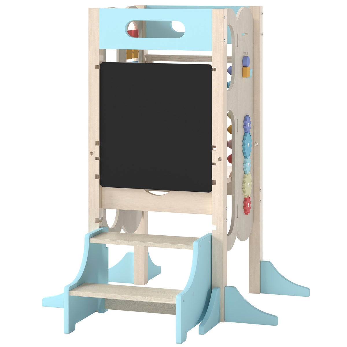 6-in-1 Toddler Kitchen Step Stool Helper, Montessori Toddler Standing Tower w/ Blackboard for 3-6 Year, Blue