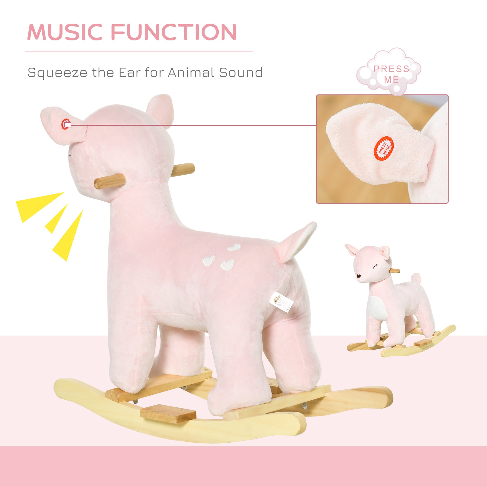 Kids Plush Ride-On Rocking Horse Deer-shaped Plush Toy Rocker with Realistic Sounds for Child 36-72 Months Pink