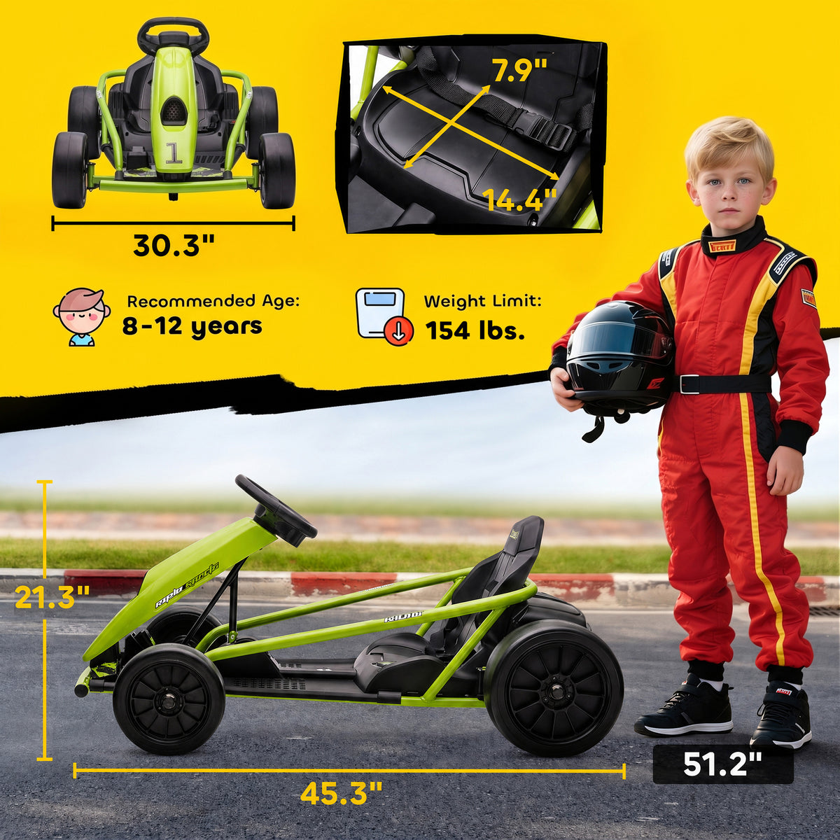 24V Electric Go Kart for Kids, Drift Ride-On Racing Go Kart with Max 8.1 MPH, for Boys Girls Aged 8-12 Years Old, Green