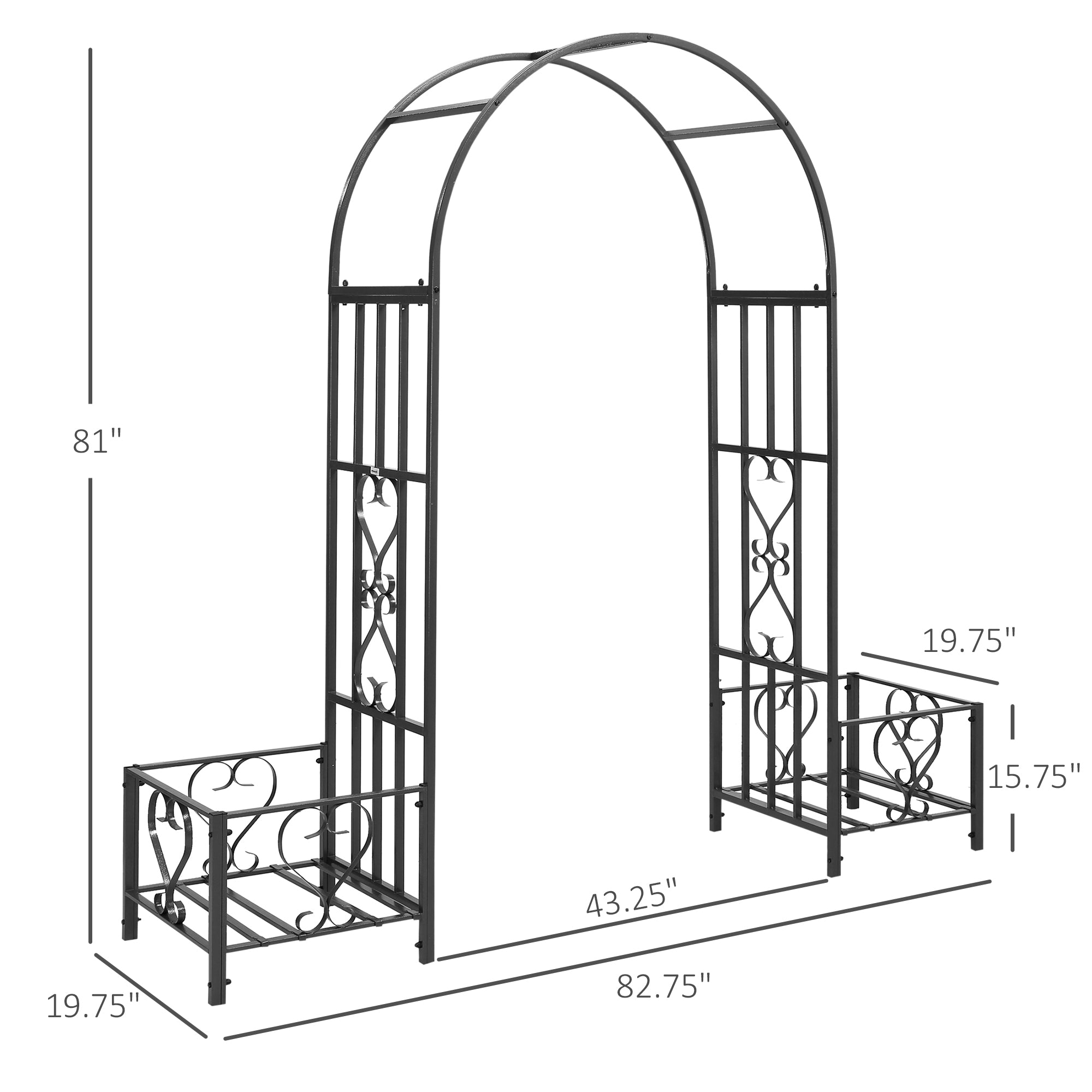6.7' Steel Garden Arch Arbor with Scrollwork Hearts, Planter Boxes for Climbing Vines, Ceremony, Weddings, Party, Backyard, Lawn, Dark Gray - Dark Gray - Image 3
