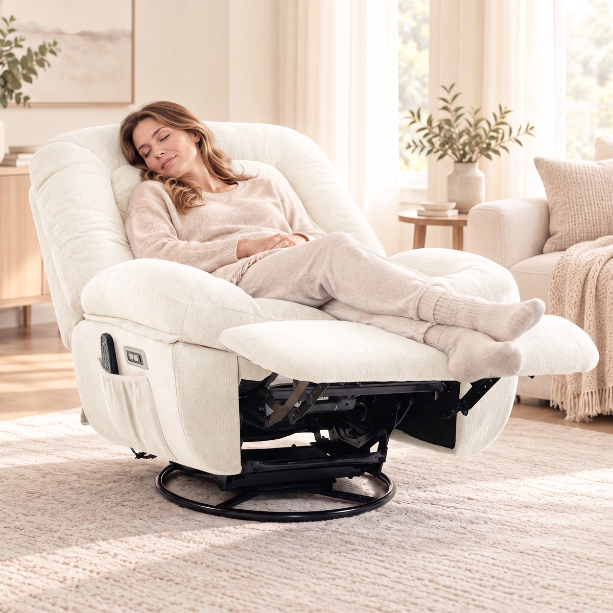 Oversized Power Recliner Chair with Massage and Heat, USB Port, Overstuffed Chenille Swivel Rocker Recliner, Cream White