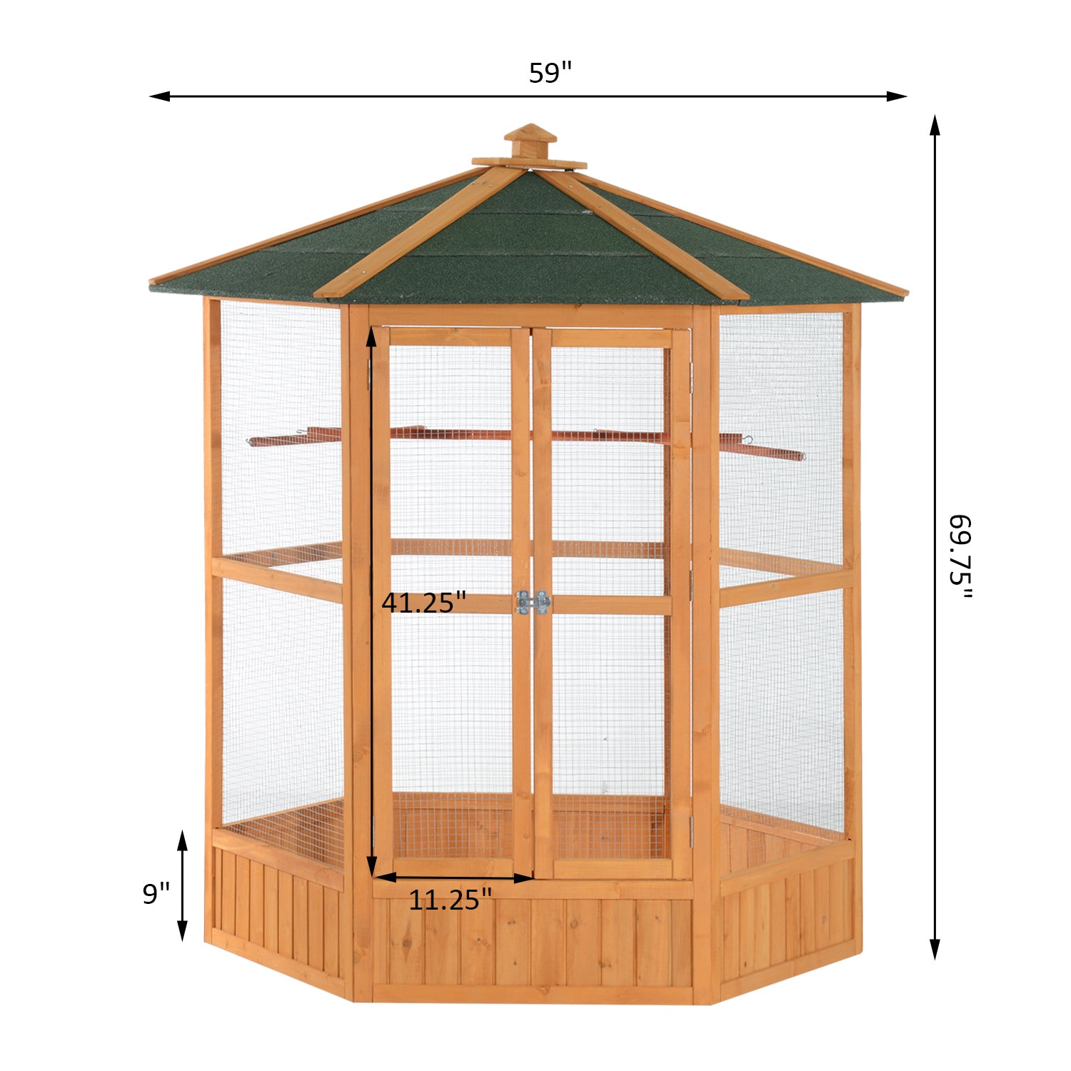 69" Wooden Hexagonal Outdoor Aviary Flight Bird Cage With Covered Roof, Brown - Brown - Image 3