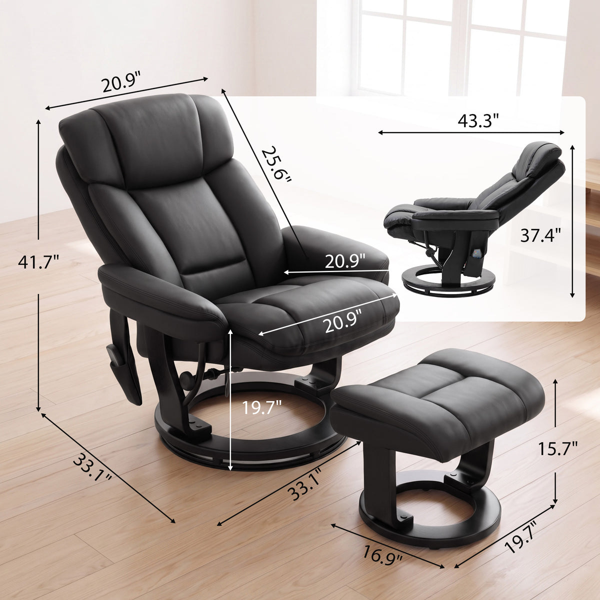 PU Leather Massage Recliner Chair with Ottoman, 10-Point Vibration, Swivel Armchair, Black