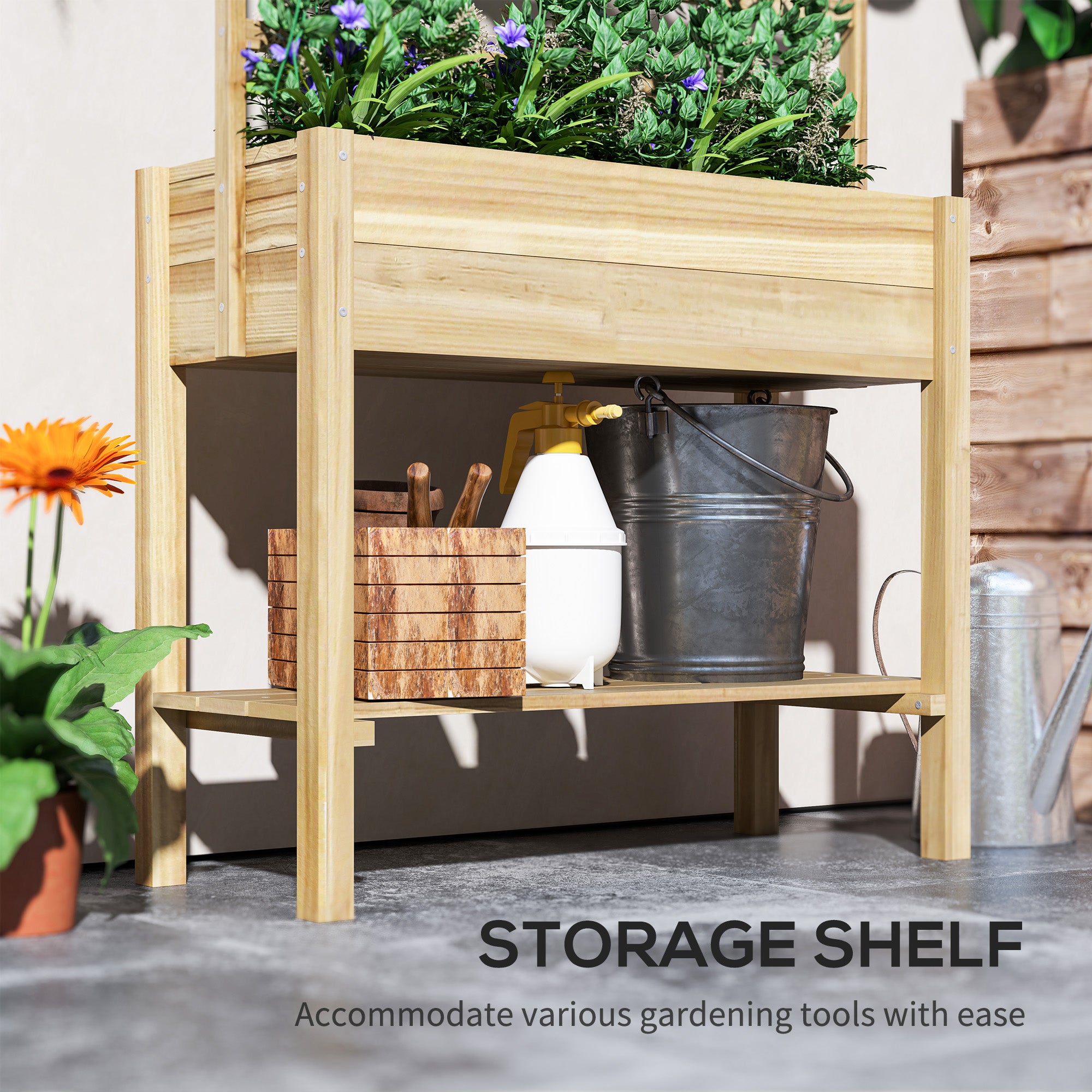 Wooden Raised Garden Bed with Trellis, Outdoor Planter Box with Storage Shelf for Vegetables, Flowers, Herbs - Natural Wood - Image 5