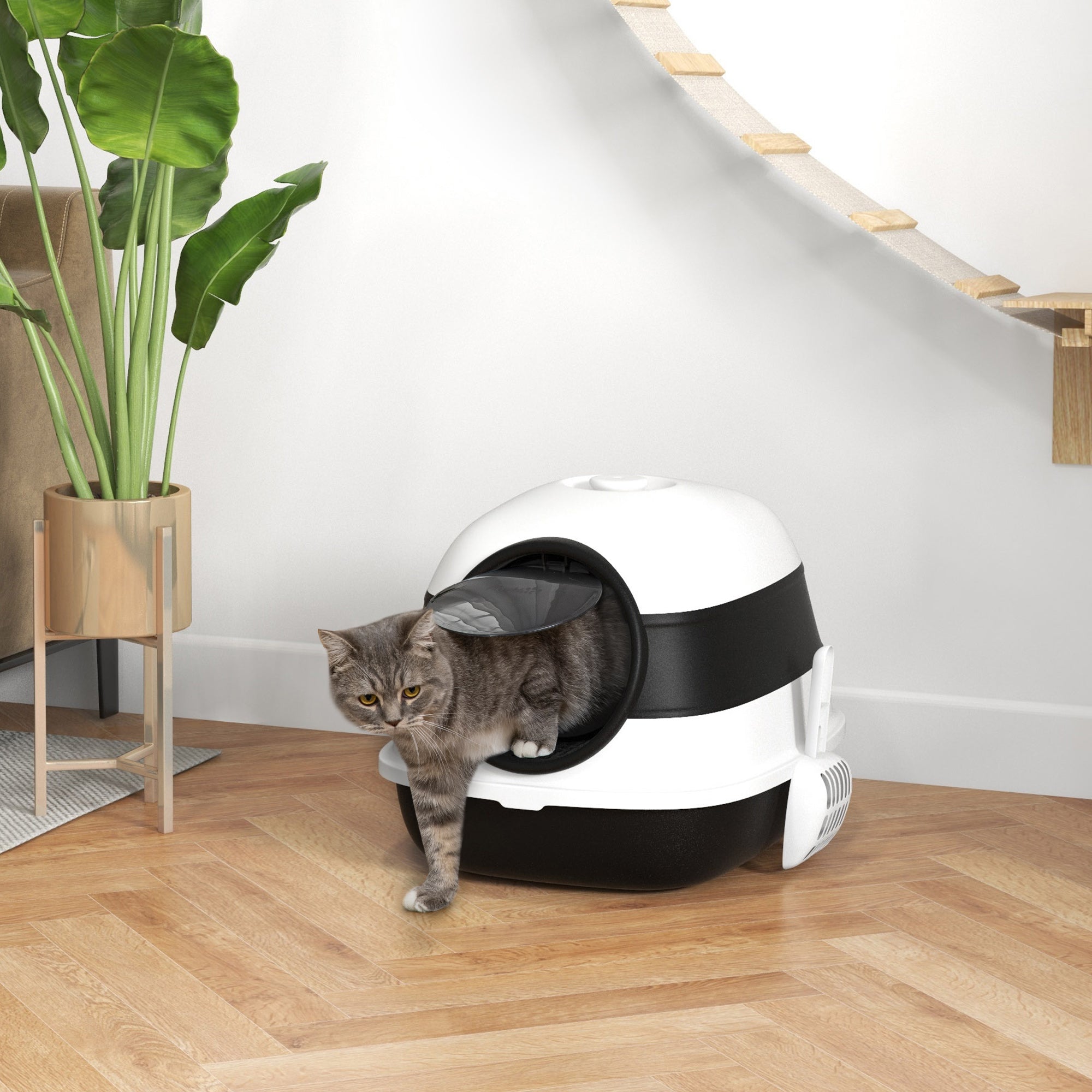 Dome Covered Cat Litter Box with Lid, White and Black - Black - Image 2