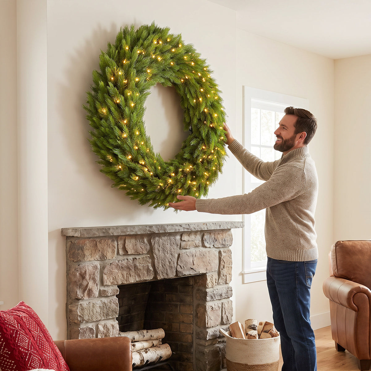 Christmas Decoration, 48 in Pre-Lit Norwegian Spruce Artificial Christmas Wreath with 150 LED Lights, Green