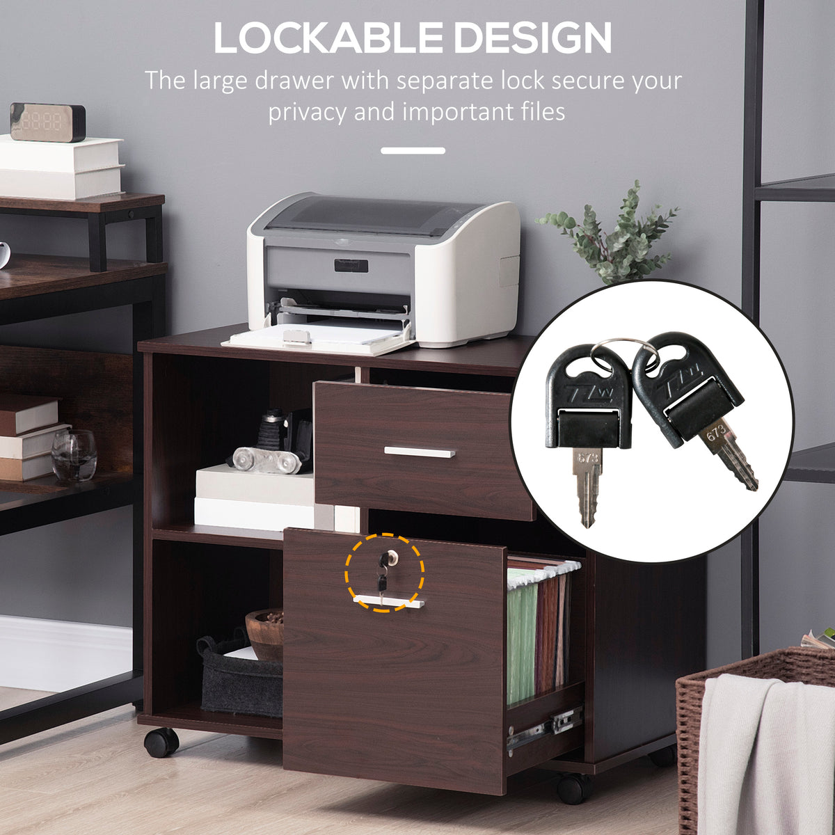 Lateral File Cabinet with Wheels, Mobile Printer Stand with Open Shelves and Drawers for A4 Size Documents, Walnut