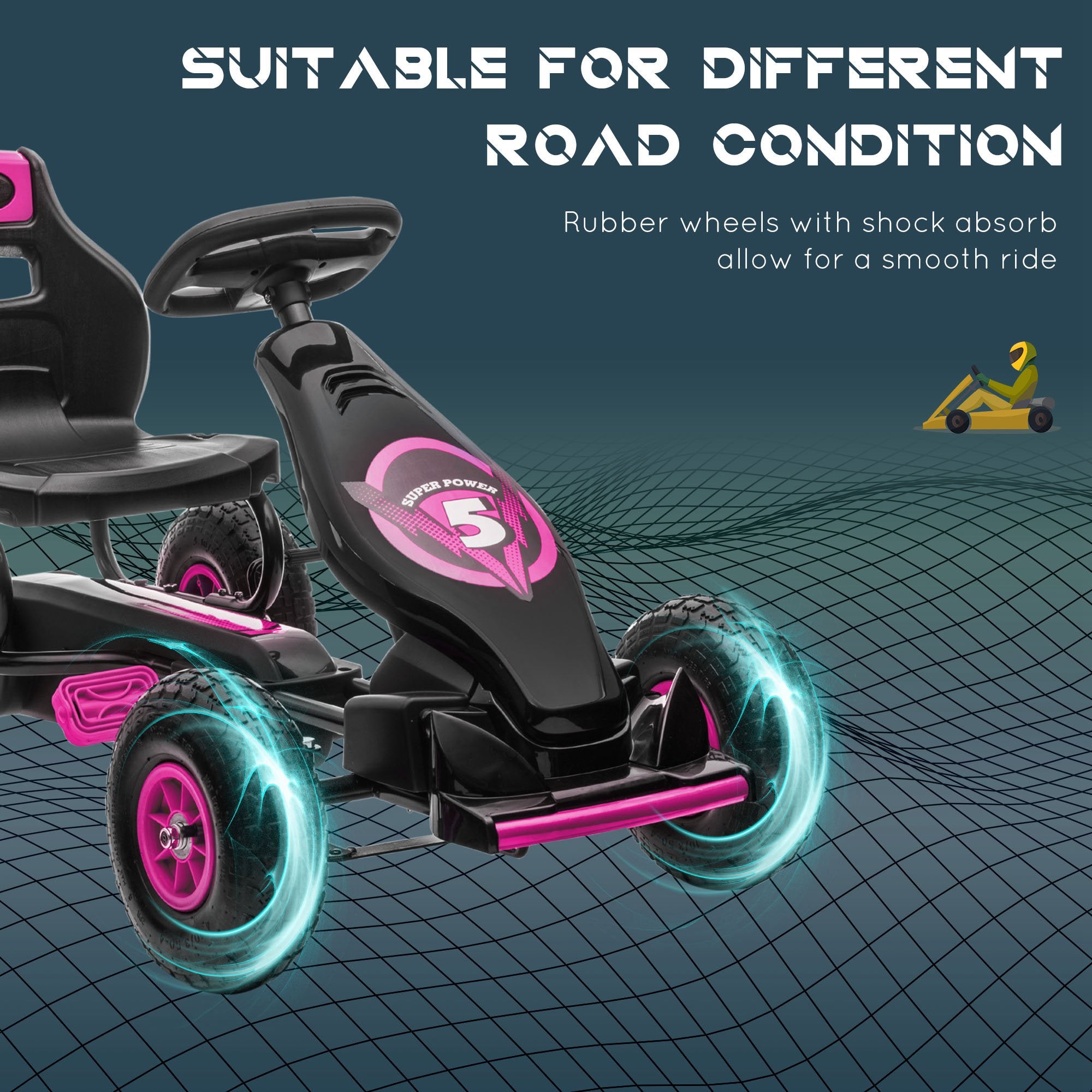 Ergonomic Pedal Go Kart Kids Ride-on Toy with Tough, Wear-Resistant Tread for Boys & Girls, Ages 5-12, Pink