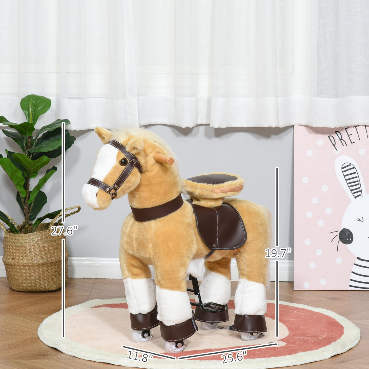 Qaba Ride on Horse, Plush Walking Horse Toy, Kids Riding Chair with Wheels for Kids 3-9 Years, Light Brown
