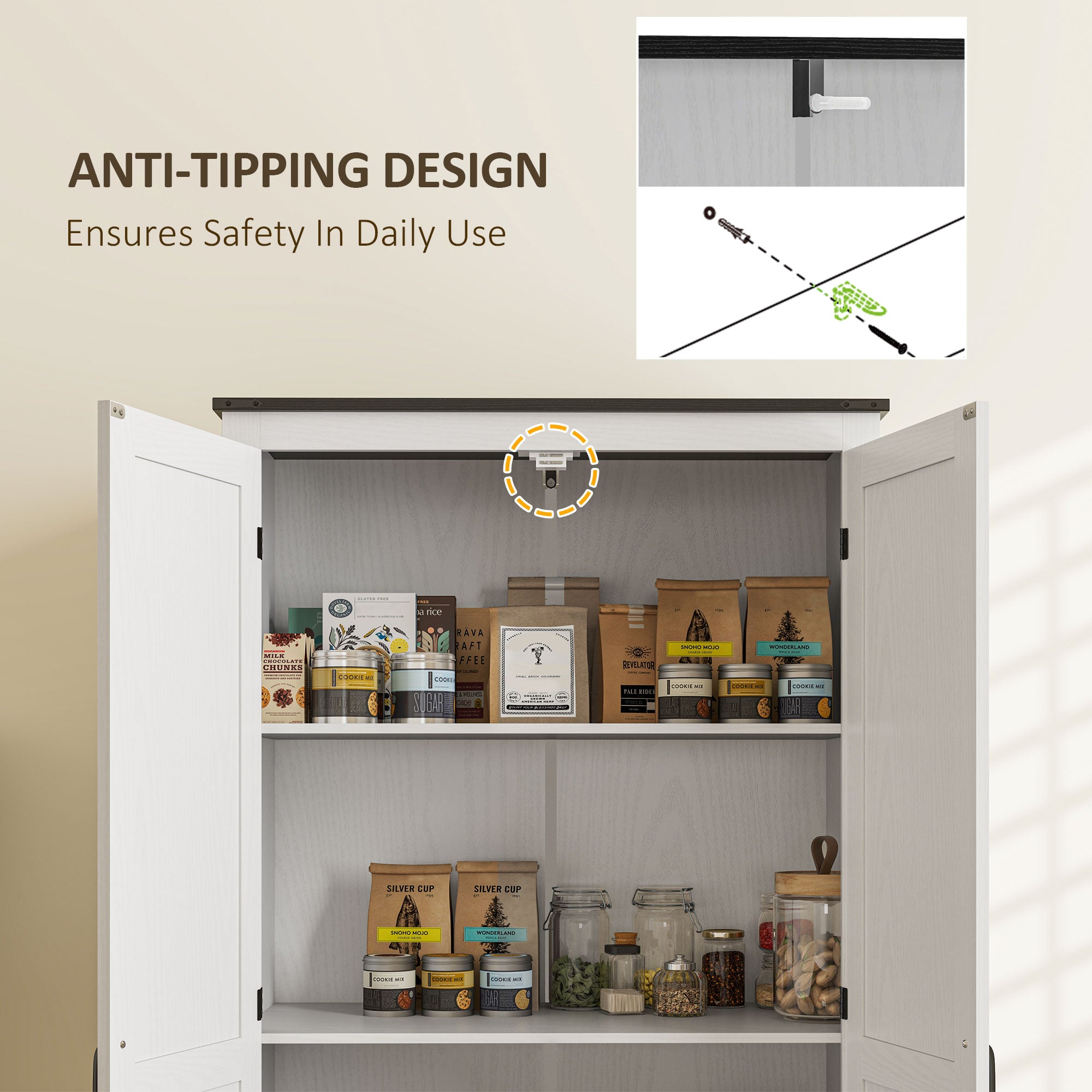 72" Farmhouse Pantry Cabinet with Adjustable Shelves, Kitchen Pantry Cabinet with 2 Doors, Distressed White
