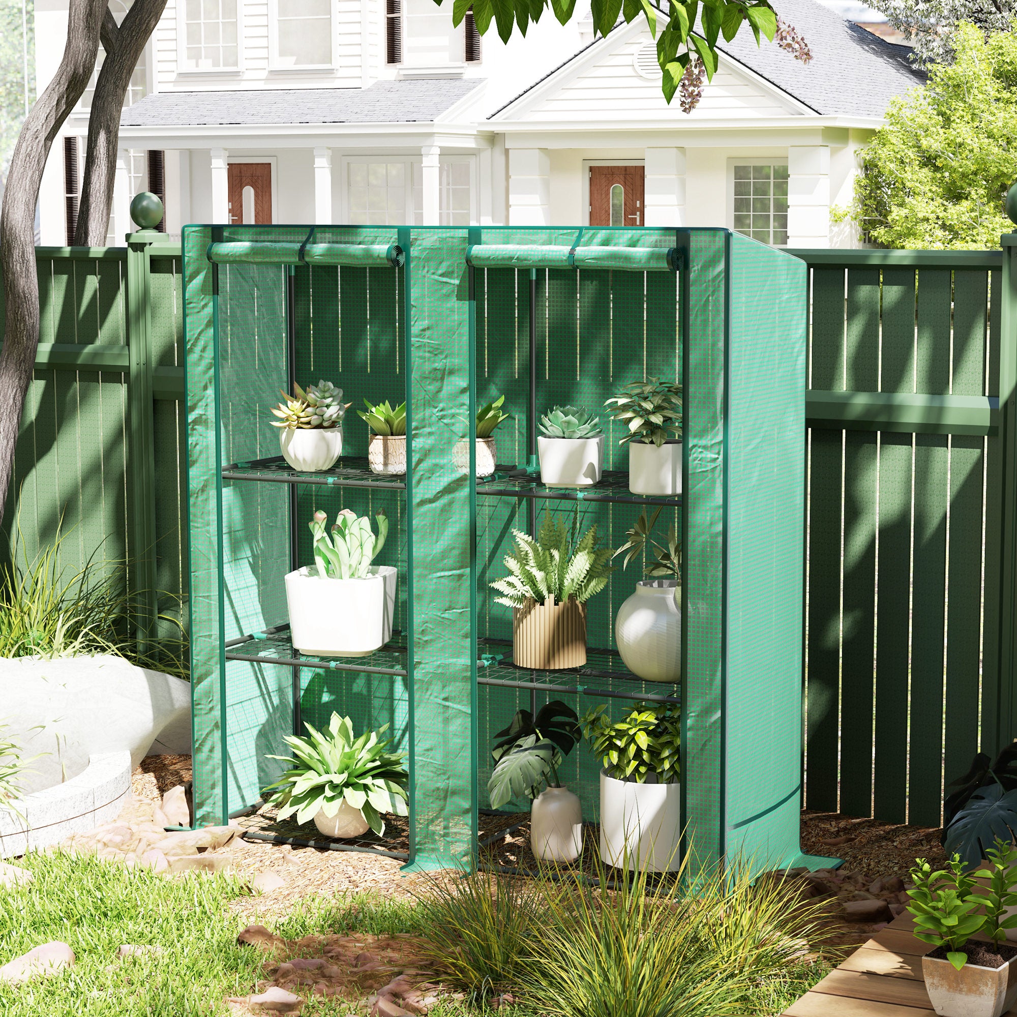 Lean-to Greenhouse with 3 Tier Shelves, Portable Greenhouse with PE Cover, 2 Roll-Up Doors, 56.7" x 18.9" x 59.8", Green - Green - Image 2