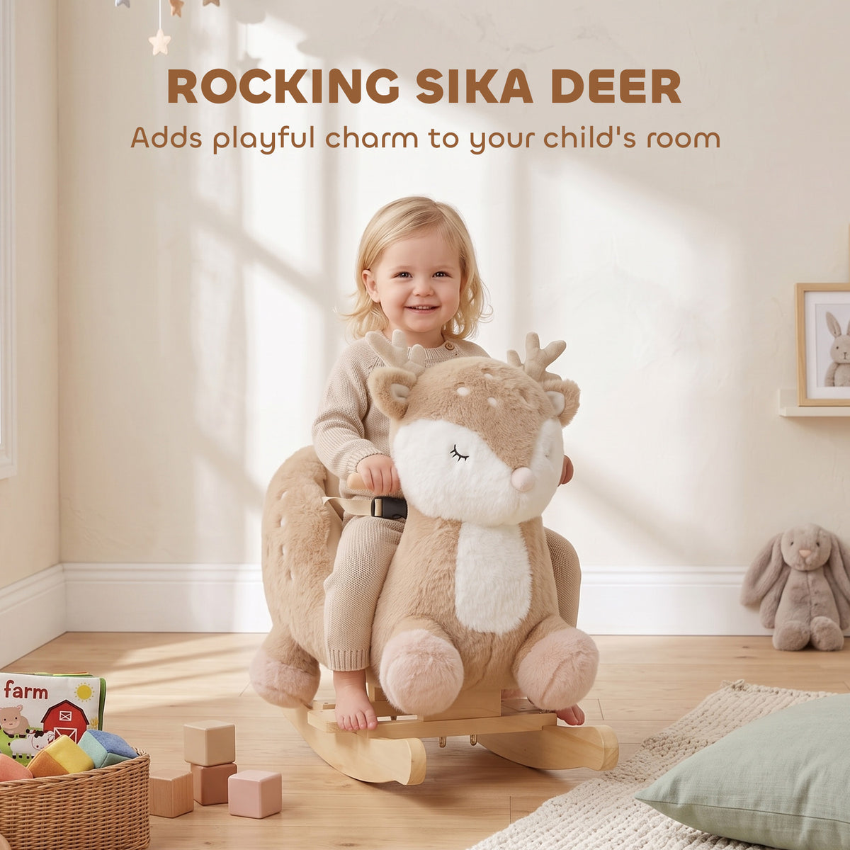 Baby Rocking Horse for Toddlers 1-3 Years, Spotted Deer Rocking Horse Toy with Sounds, Seat Belt and Widened Base, Brown