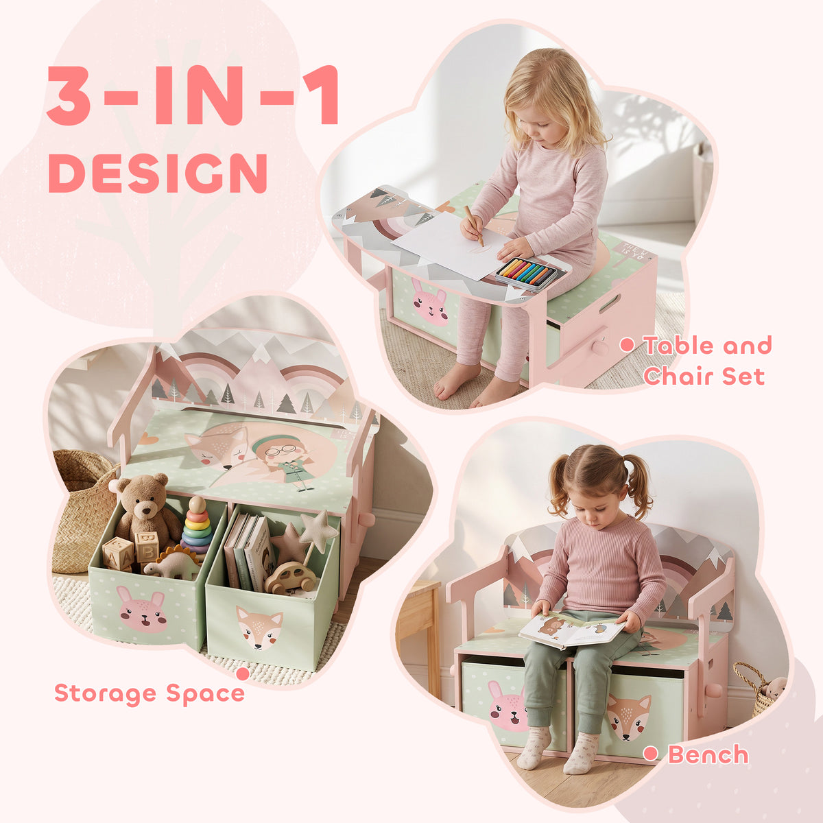 Kids Toy Box Chest, 3-in-1 Convertible Storage Chest with 2 Non-Woven Drawers for Bedroom, Kids Room for Ages 3-6, Pink