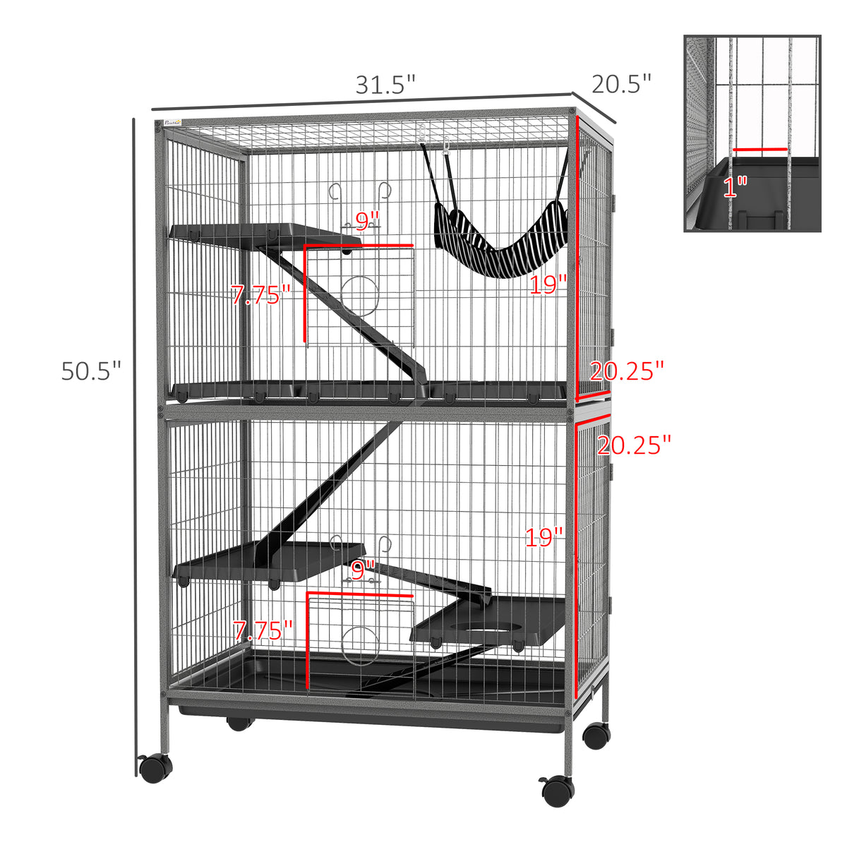 50" H Rolling Small Animal Cage with Hammock, Ferret Cage, Chinchilla Cage, Pet Habitat with 4 Doors, Removable Tray