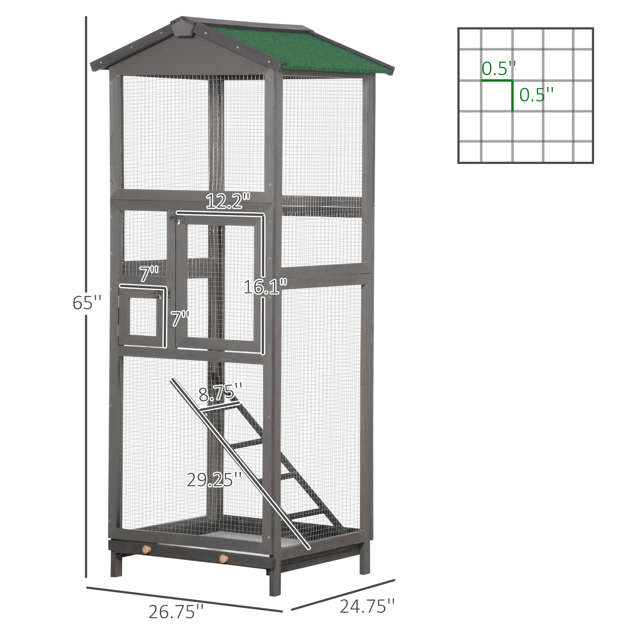 65" Wooden Bird Cage Outdoor Aviary House for Parrot, Parakeet, with Pull Out Tray and 2 Doors, Grey - Light Grey - Image 3