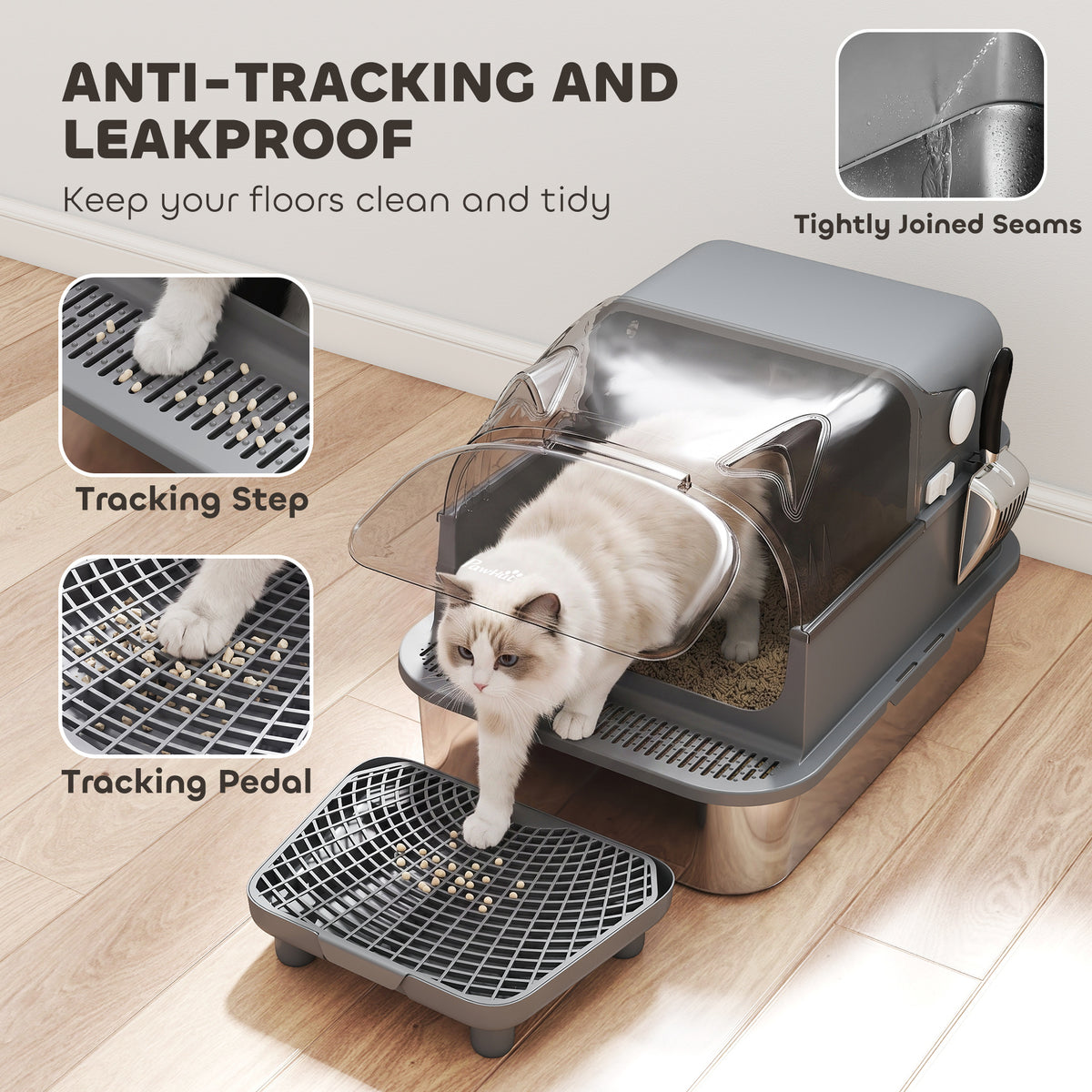 Stainless Steel Cat Litter Box with Flip Lid, XXL Enclosed Litter Box, High Sided, Step, Metal Scoop, 2 Deodorizing Bags