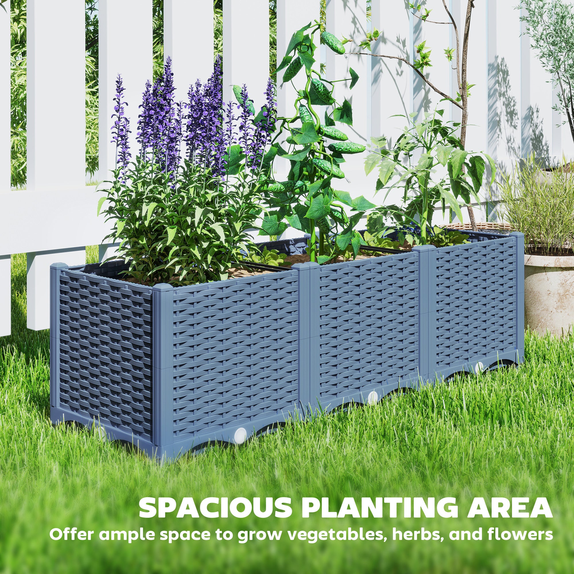 Plastic Raised Garden Bed, 4 x 1 x 1 ft Outdoor Flower Box with Drainage Holes for Vegetables, Herbs, Blue - Blue - Image 4