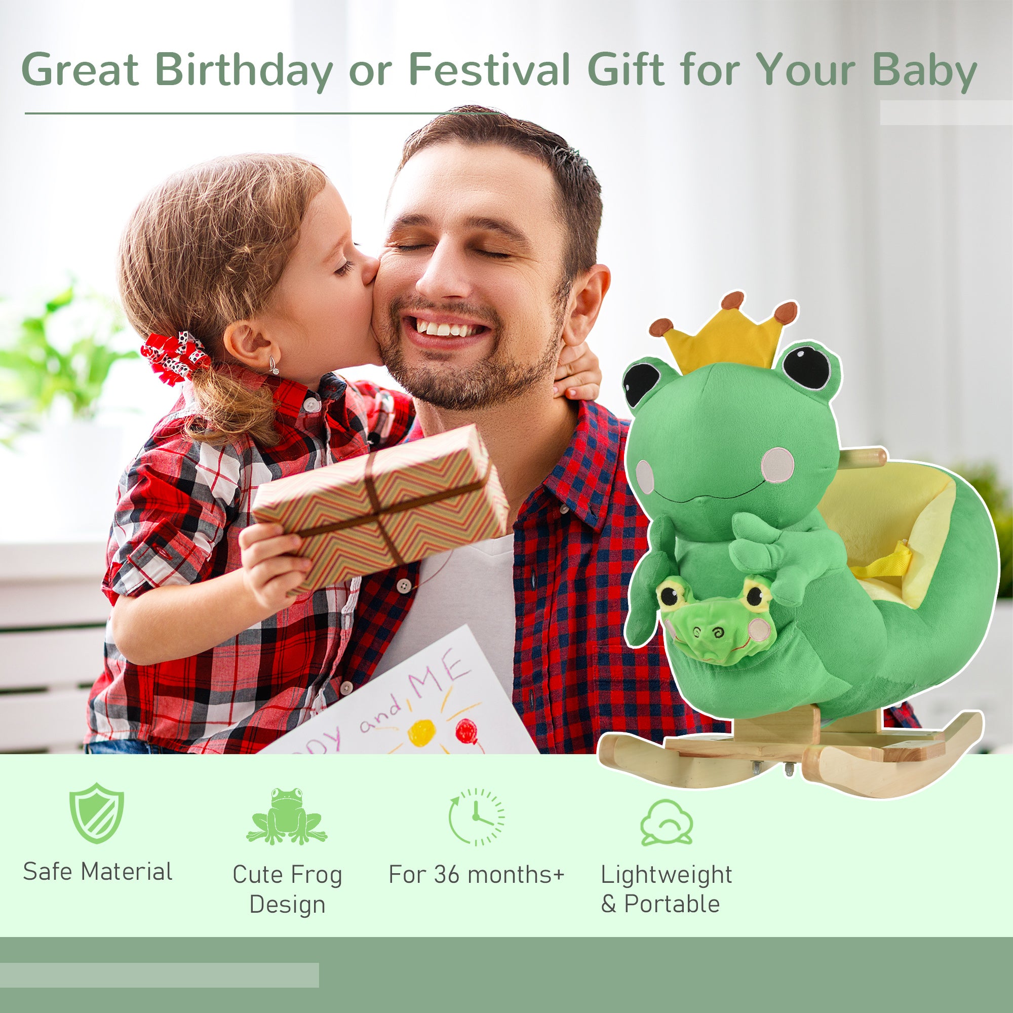 Kids Ride-On Rocking Horse Toy Frog Style Rocker with Fun Music, Seat Belt & Soft Plush Fabric Hand Puppet for Children 18-36 Months