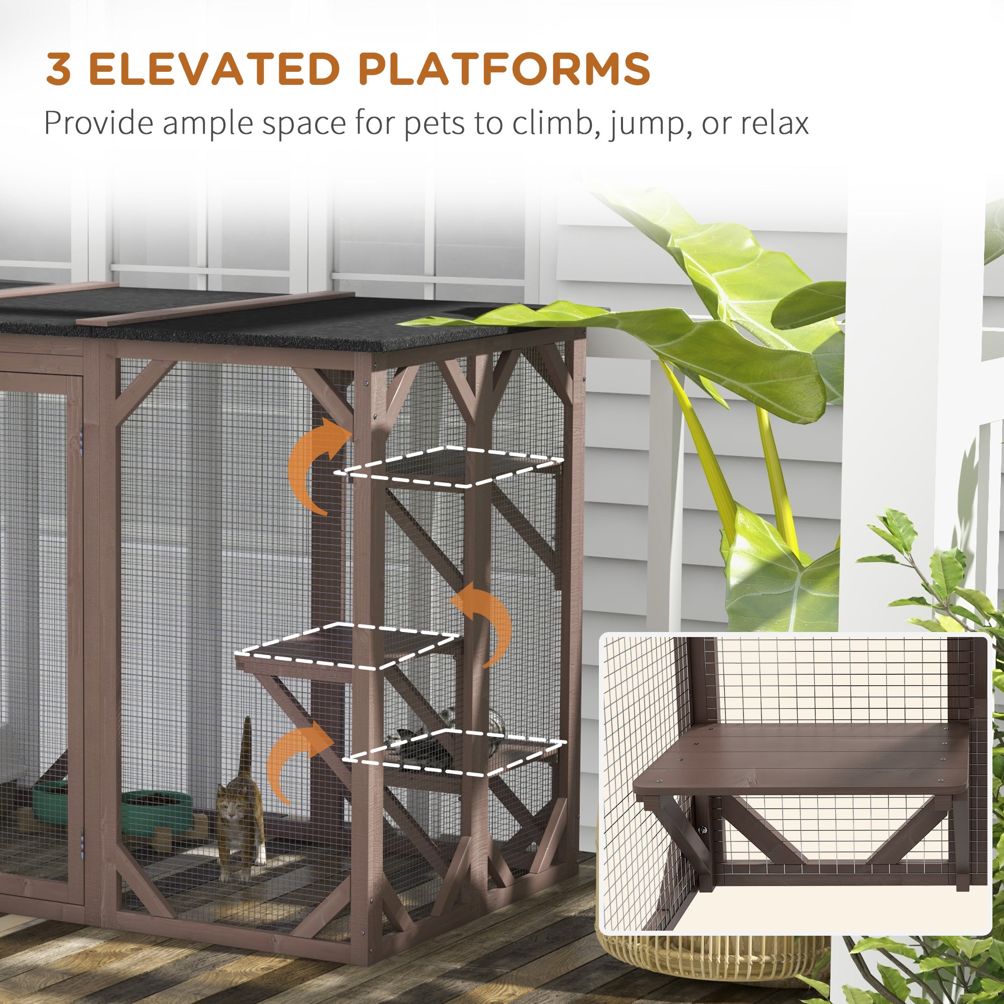Outdoor Cat House, Catio Wooden Feral Cat Shelter, Cat Cage with Platforms, Large Enter Door, Weather Protection Asphalt Roof, 71" L, Brown - Brown - Image 6