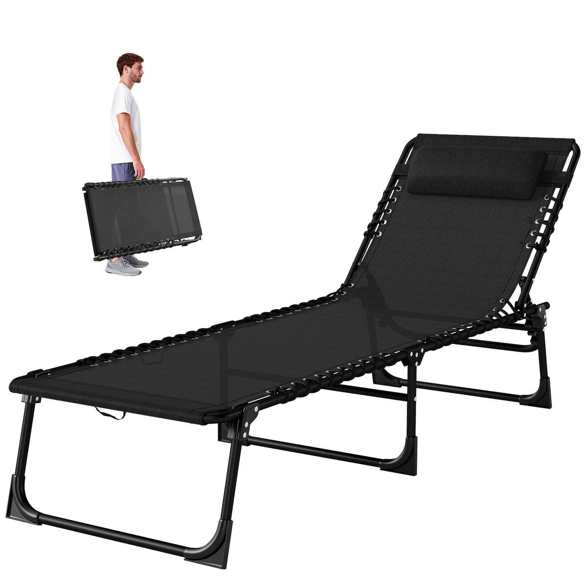 Folding Chaise Lounge Pool Chair with 4-Position Reclining Back, Pillow, Breathable Mesh & Bungee Seat, Black