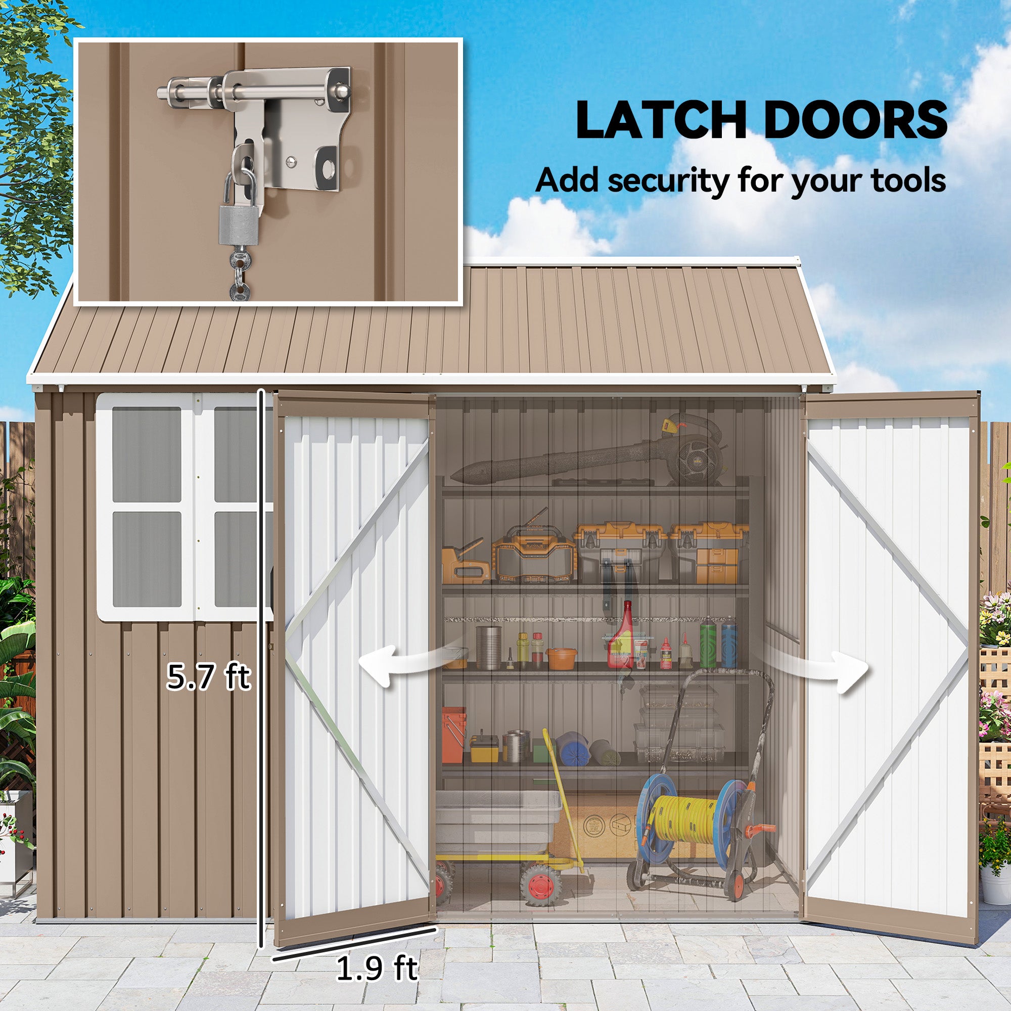 8' x 6' Metal Garden Storage Shed, Extra Large Outdoor Tool Storage House w/ Doors, Window and Air Vents, Brown - Brown - Image 7