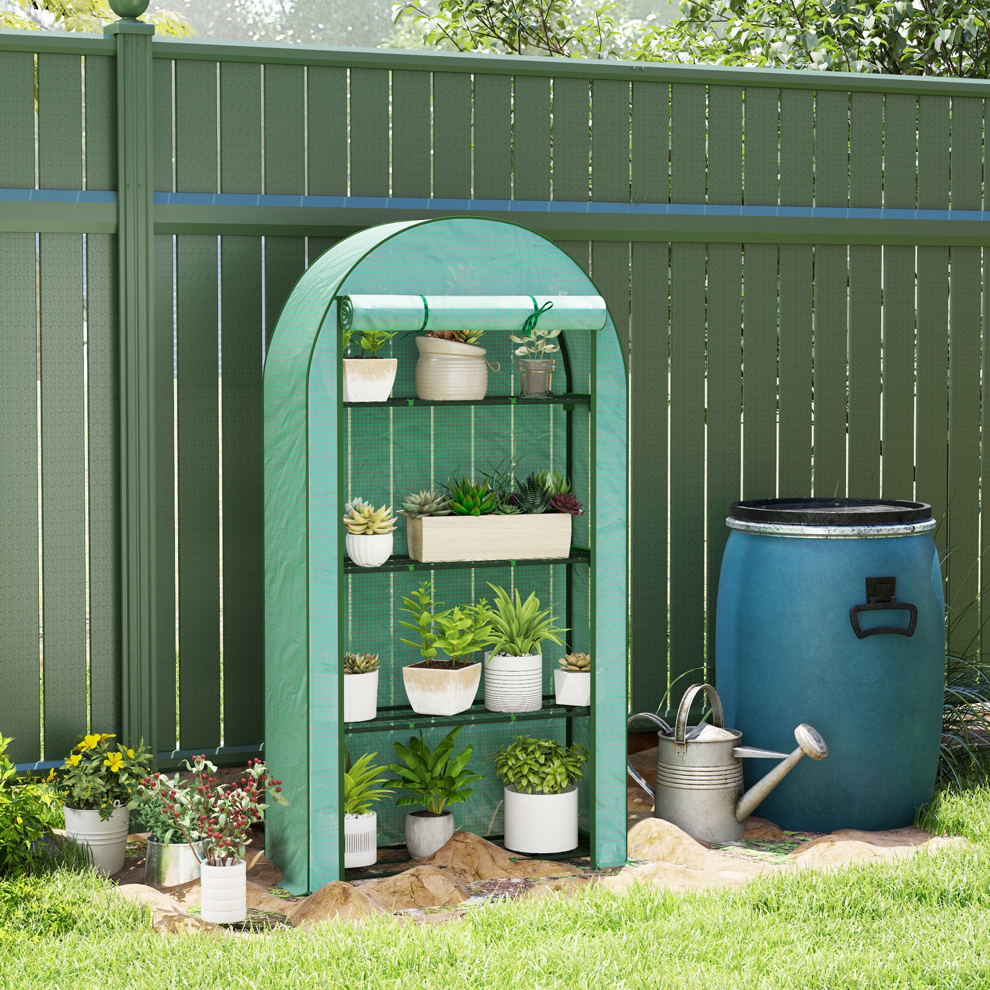 Mini Greenhouse, Portable Greenhouse with 4 Tier Shelves, Roll-Up Door, and Plastic Cover, 41.3" x 17.7" x 63", Green - Green - Image 2