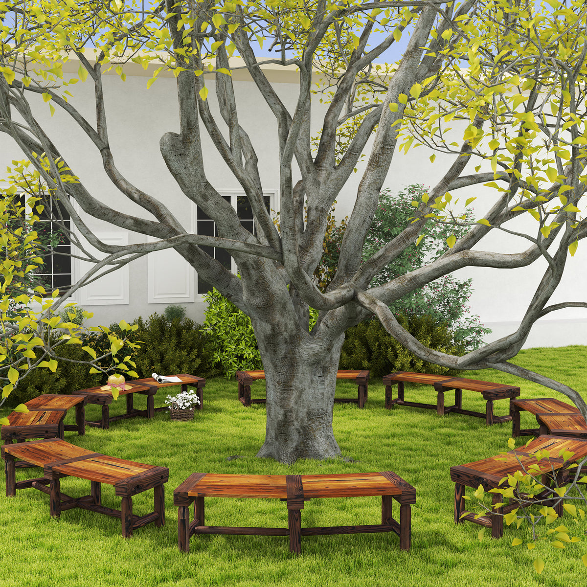 Wooden Garden Bench, Semicircular Round Outdoor Tree Bench, Wrap Around Park Bench for Yard, Patio, Deck, Lawn, Brown