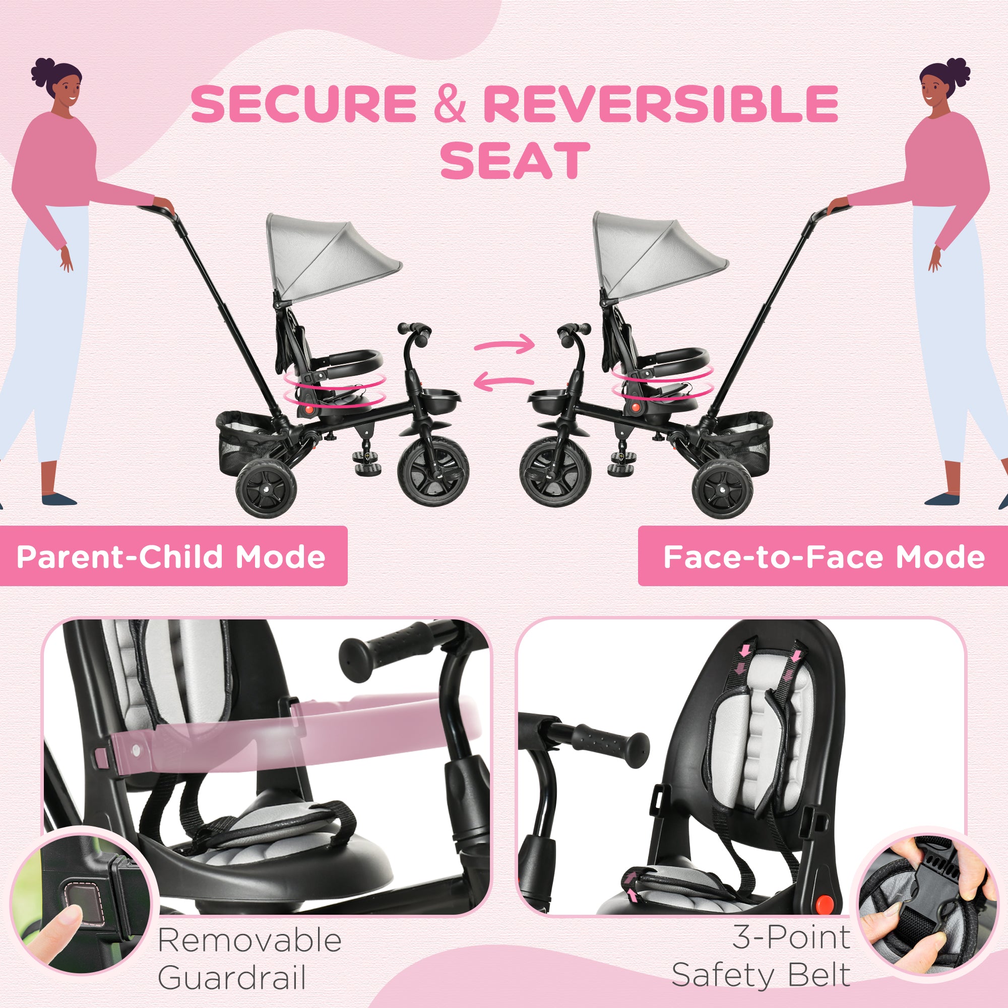Kids Tricycle, 4 in 1 Foldable Trike with Reversible Seat, Adjustable Parent Handle, Safety Harness, Wheel Brakes, Removable Canopy, Storage, Tricycle for Toddlers 1-5 Years, Gray