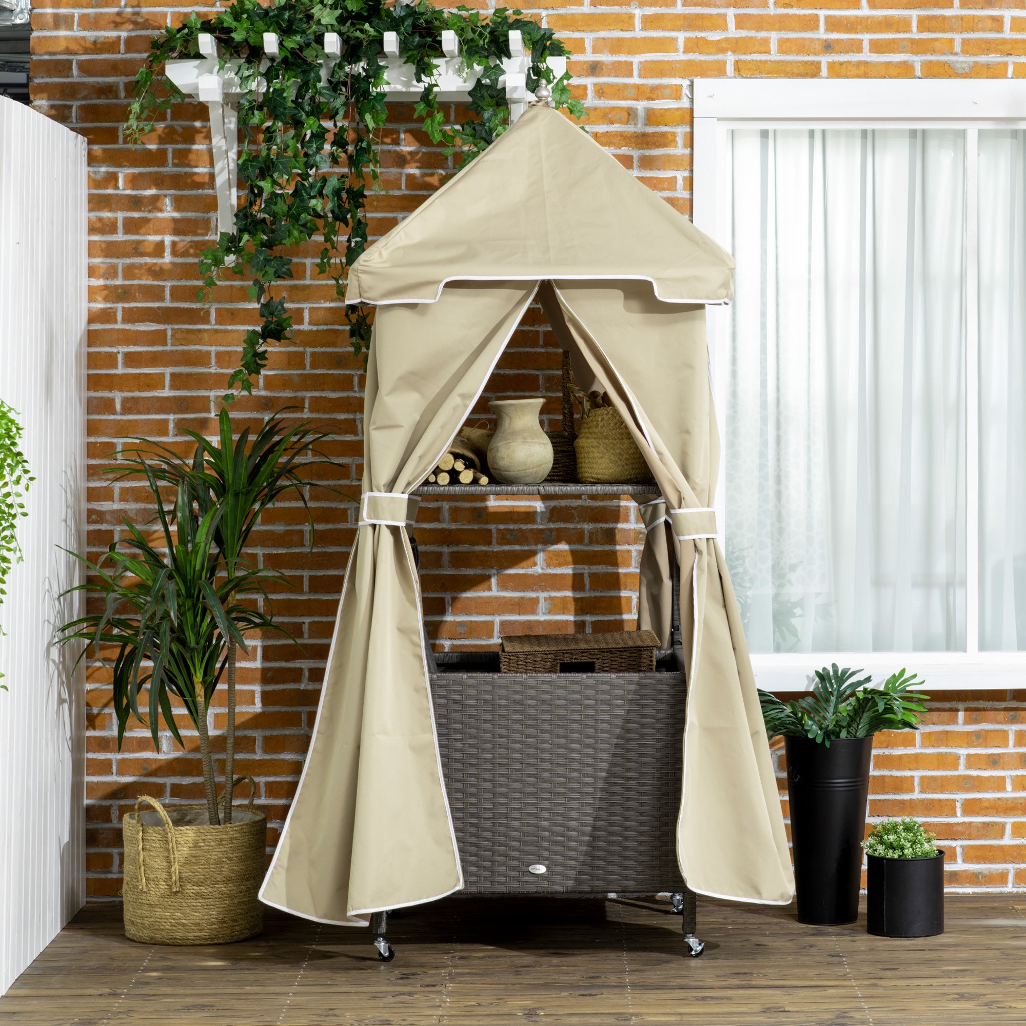 Outdoor Towel Valet Caddy, Covered Poolside Towel Holder Rack, Shelf, Basket, Rolling PE Rattan Wicker Storage on Wheels, Beige - Beige - Image 2