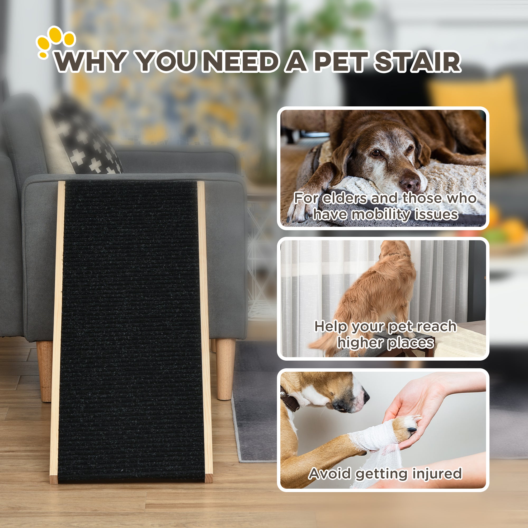 Elevated Dog Ramp for Bed, Foldable and Height Adjustable Pet Ramp for Cats with Non-Slip Finish, Pine 35.5" L x 16" W x 24" H, Black - Black - Image 5