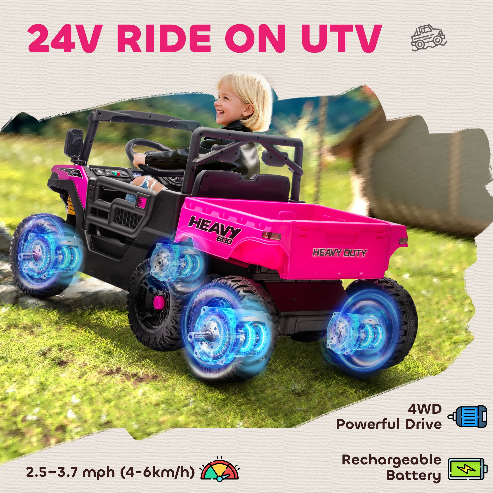 24V 4WD Kids Ride On Car with 6 Wheels Electric Ride On Car with Dump Bed, Remote for 3-6 Years, Pink