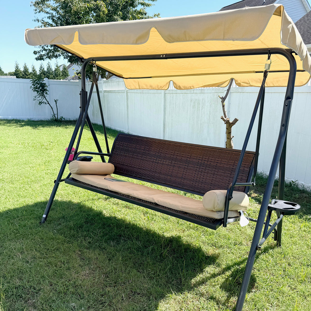 3-Seat Patio Swing Chair, Outdoor Canopy Swing Glider with Removable Cushion, Pillows, Adjustable Shade, and Rattan Seat, for Porch, Garden, Poolside, Backyard