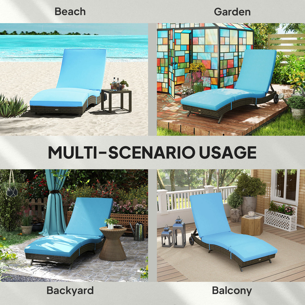 Patio Wicker Chaise Lounge Chair, Outdoor PE Rattan Sun lounger with Adjustable Backrest and 2 Wheels, Sky Blue