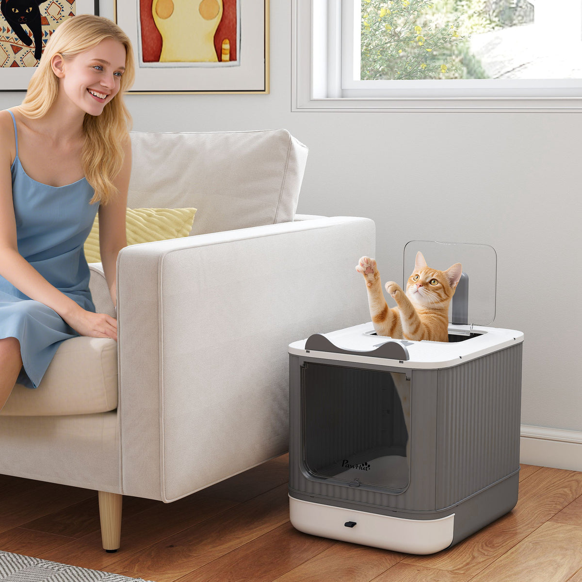 Cat Litter Box with Lid, Enclosed Litter Box for Medium Cats, Front-Entry and Top-Exit, Scoop, Deodorizer Bag, White