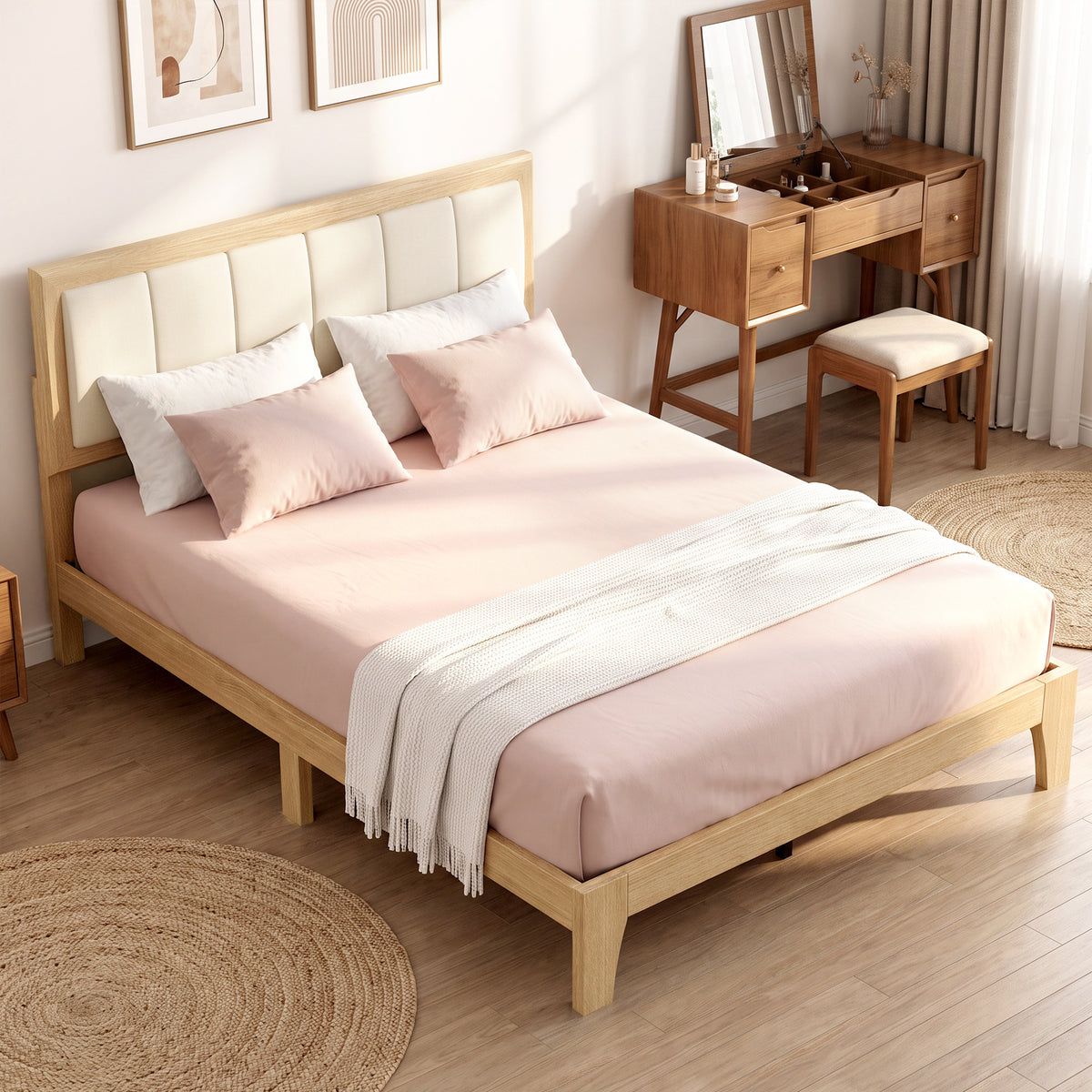 Full Bed Frame with Headboard Full Size Platform Bed Frame with Wooden Slats No Box Spring Needed Easy Assembly Oak