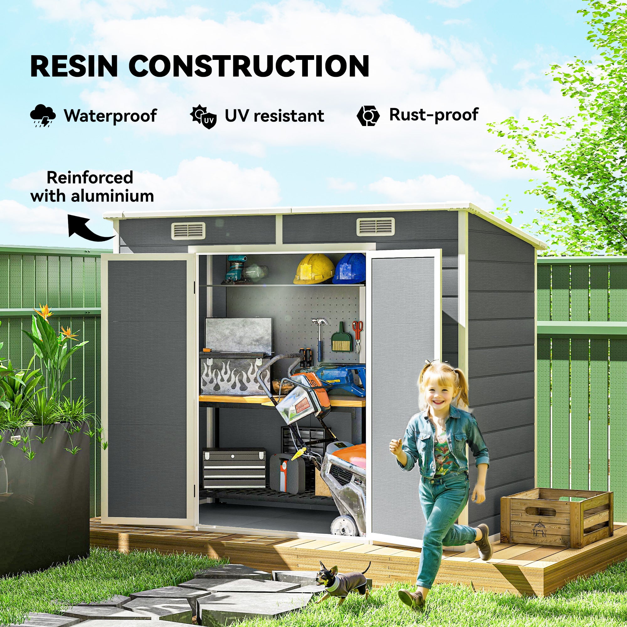 8' x 4' Plastic Outdoor Storage Shed with Floor, Window, Lockable Doors and Vents for Backyard Patio Lawn, Gray - Gray - Image 5