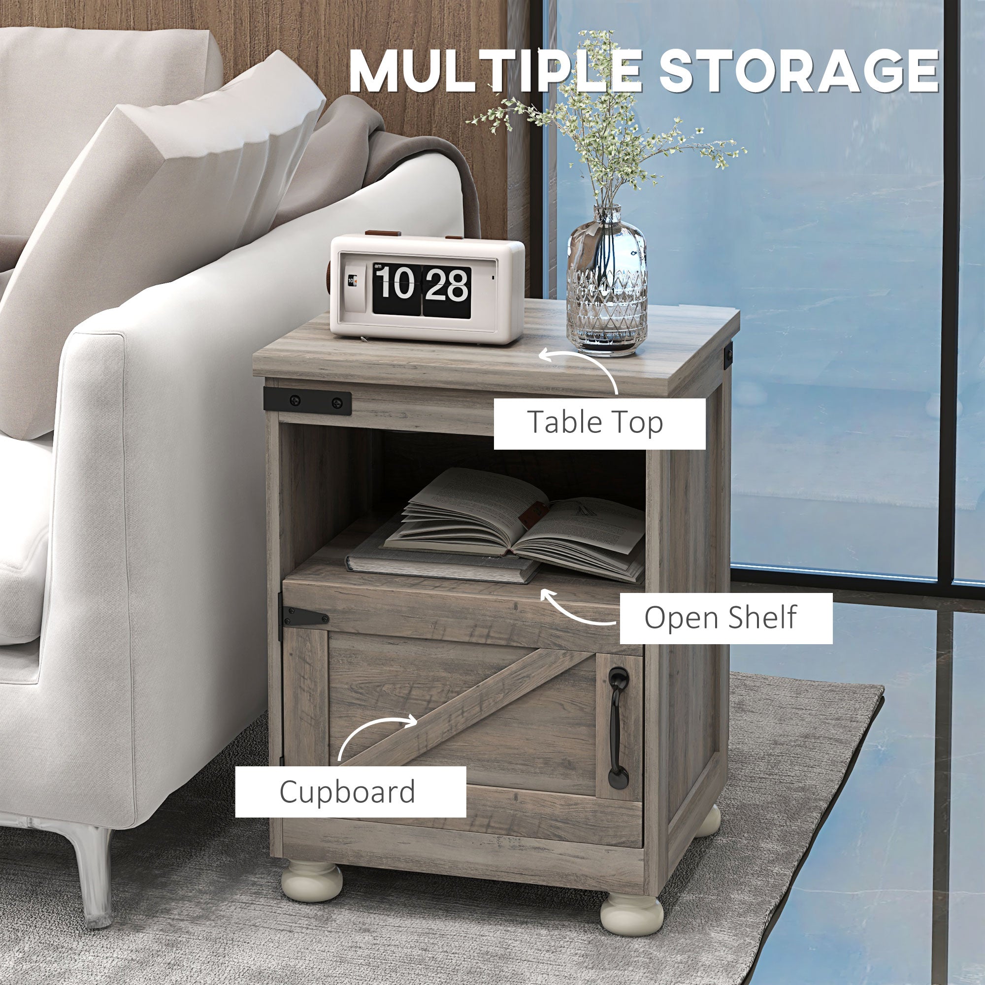 Side Table with Storage, End Table with Open Shelf, Cupboard and Wood Legs, Modern and Farmhouse Style, Gray