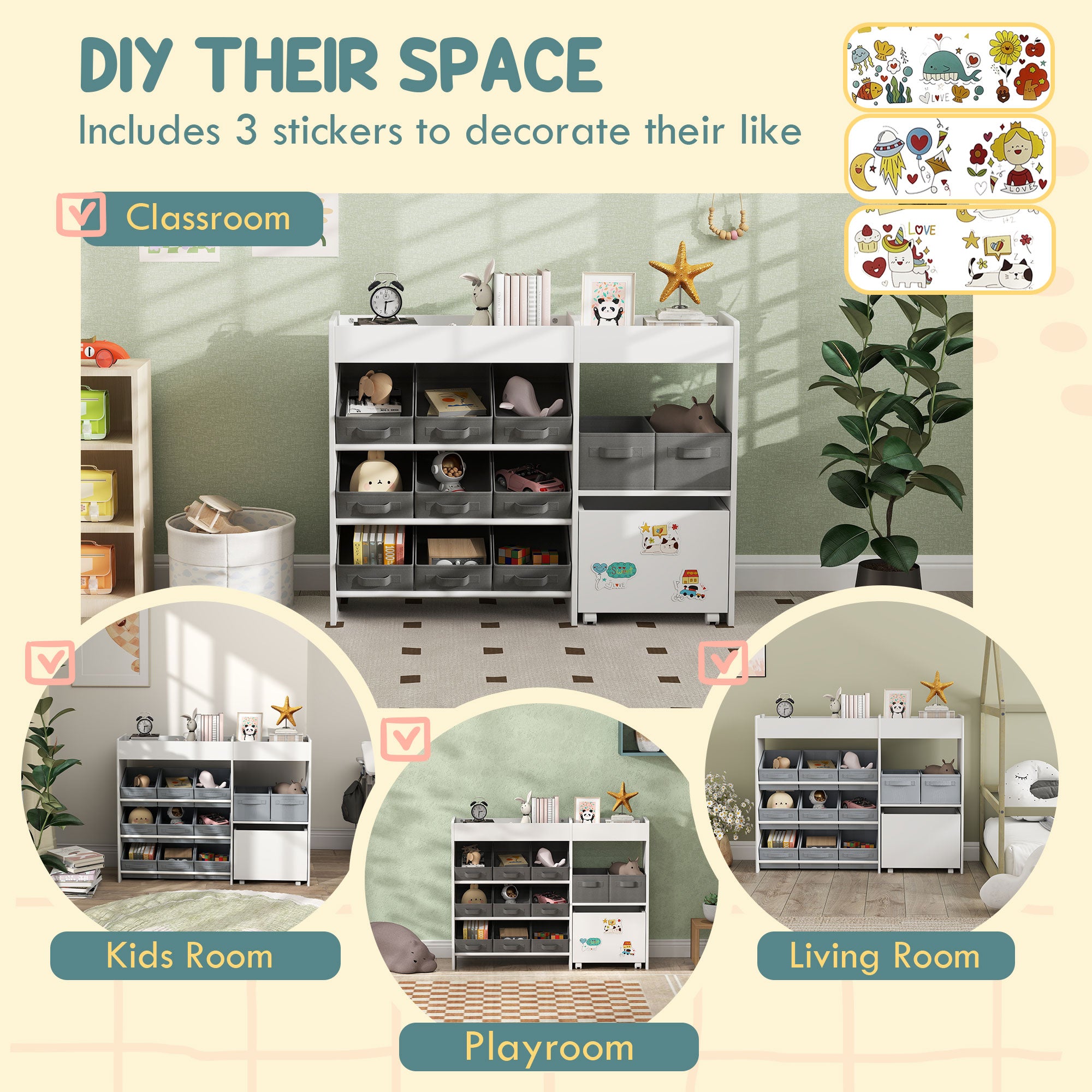 Kids Toy Storage Organizer with 11 Bins, Moveable Cabinet, Top Shelves, 3 Stickers, for Nursery, Playroom, White