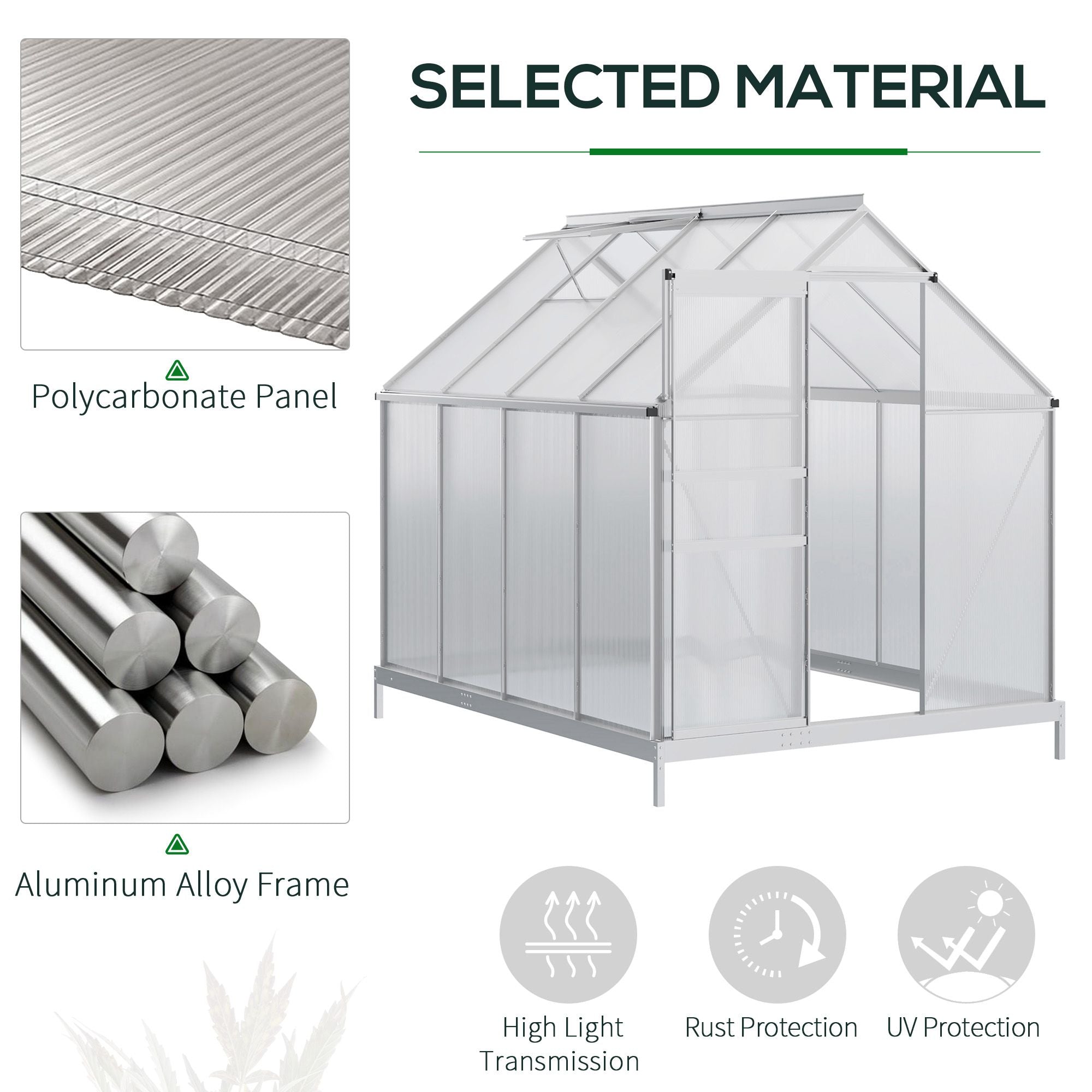 8' x 6' Aluminum Outdoor Greenhouse, Polycarbonate Walk-in Garden Greenhouse Kit with Adjustable Roof Vent, Rain Gutter and Sliding Door for Winter, Silver - Silver - Image 7