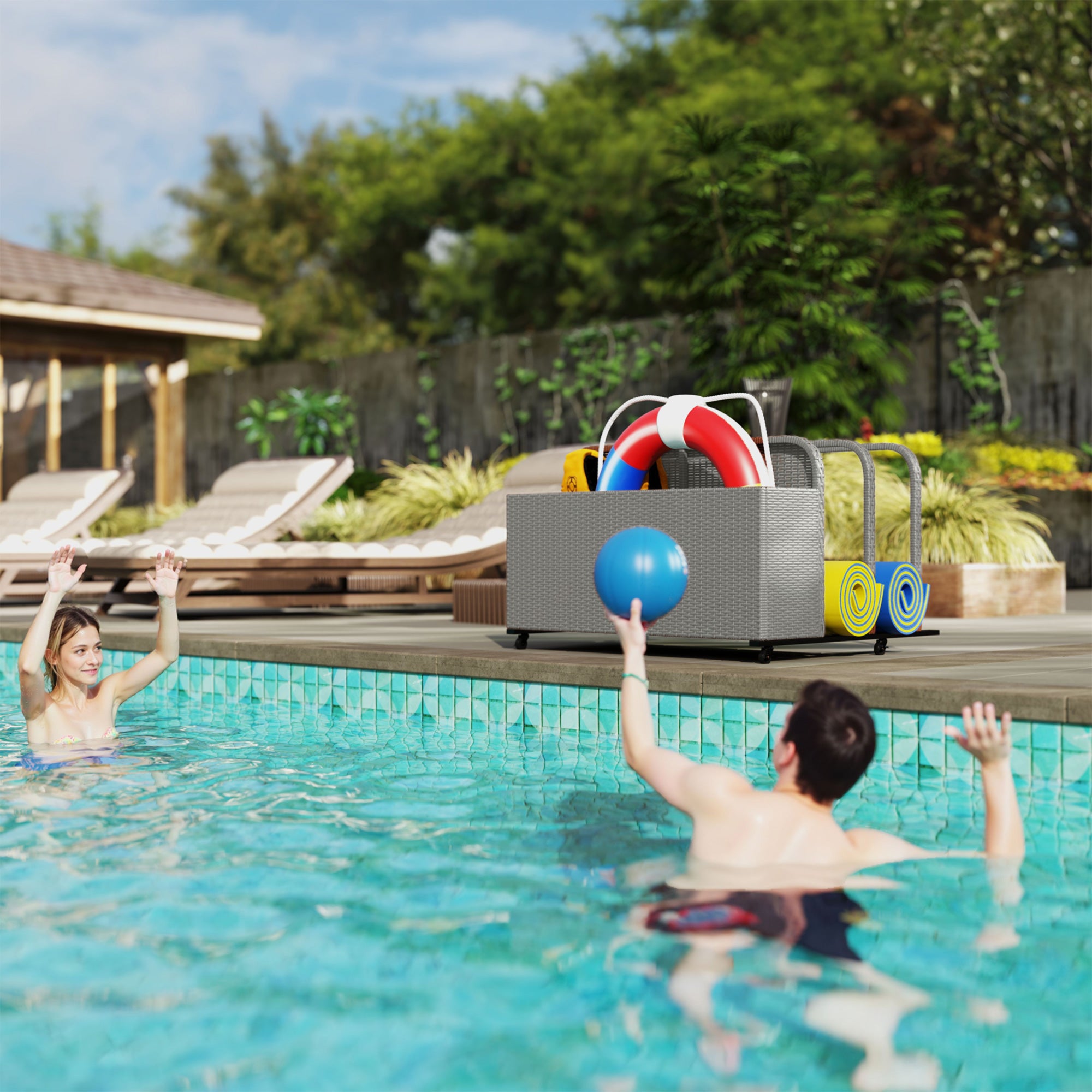 PE Rattan Pool Float Storage Organizer with Wheels, Mixed Gray - Mixed Gray - Image 7