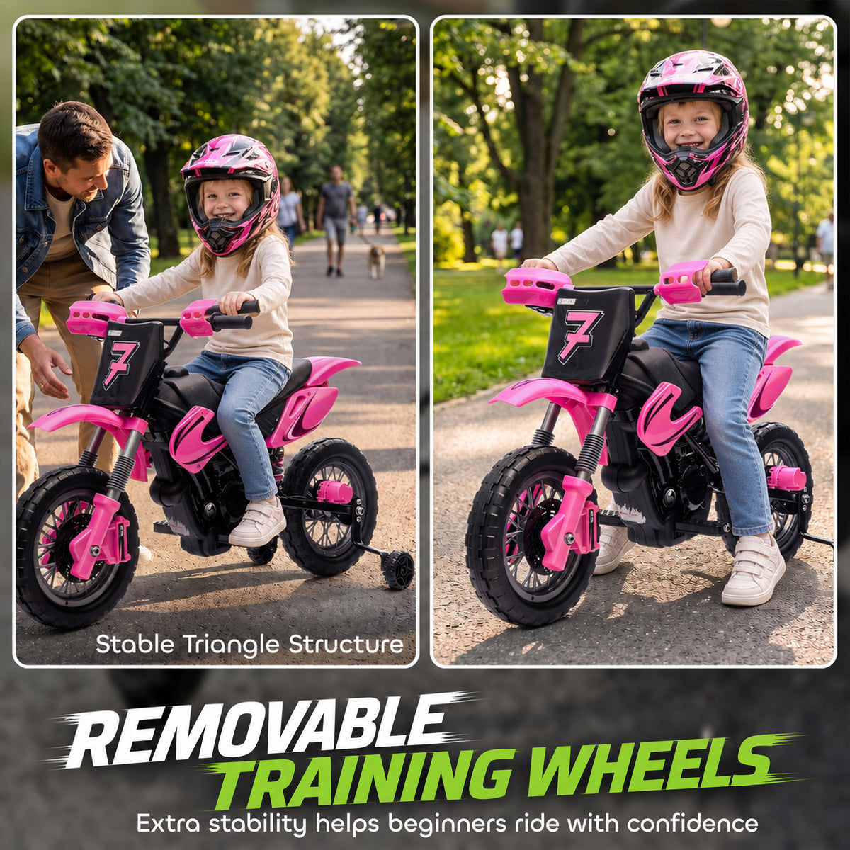 12V Kids Motorcycle, 2 x 35W Electric Dirt Bike with Training Wheels, Rear Suspension, Horn for 3-6 Years, Pink