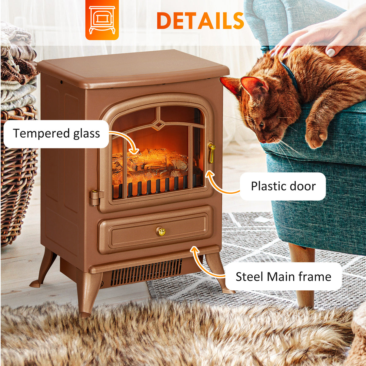 Fireplace Stove, Electric Fireplace Heater with Realistic LED Flames and Logs, 725W/1450W, Dark Brown