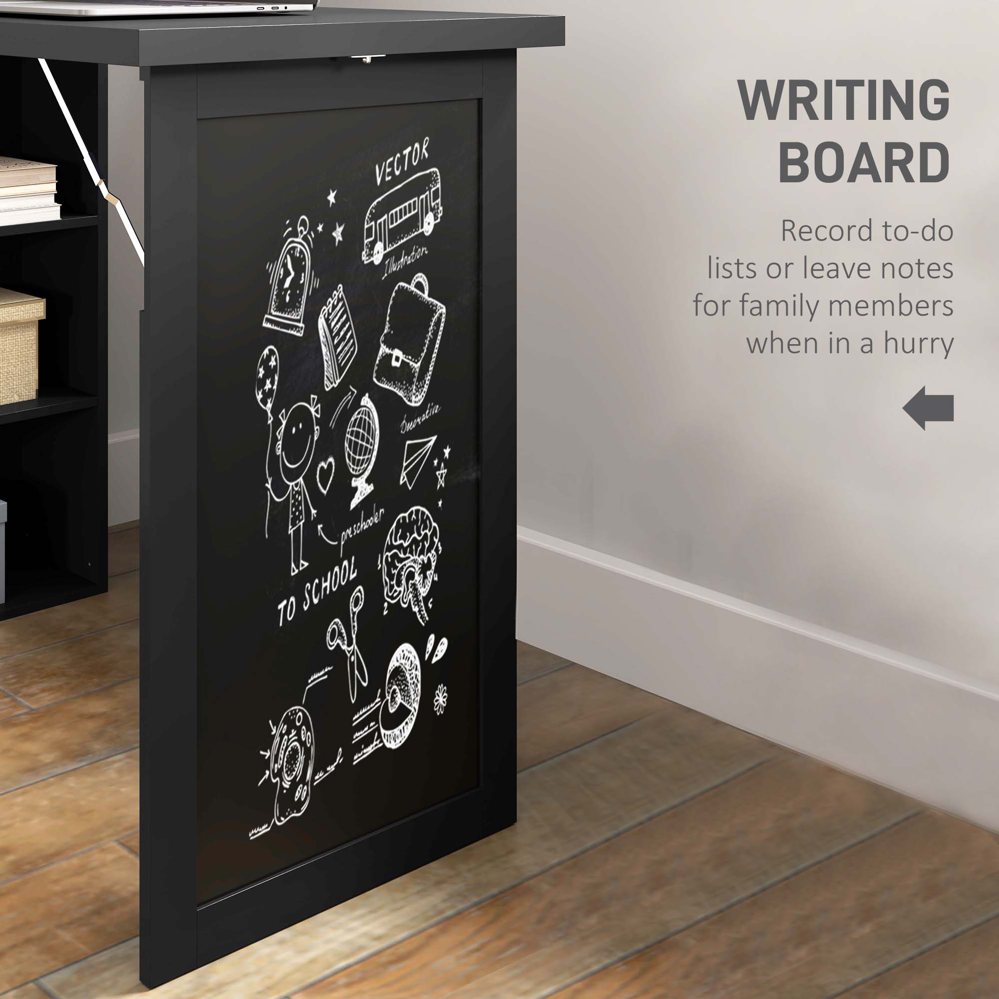 Fold-out Convertible Home Office Desk, Wall Mount Computer Desk with Blackboard and Side Shelf, Black