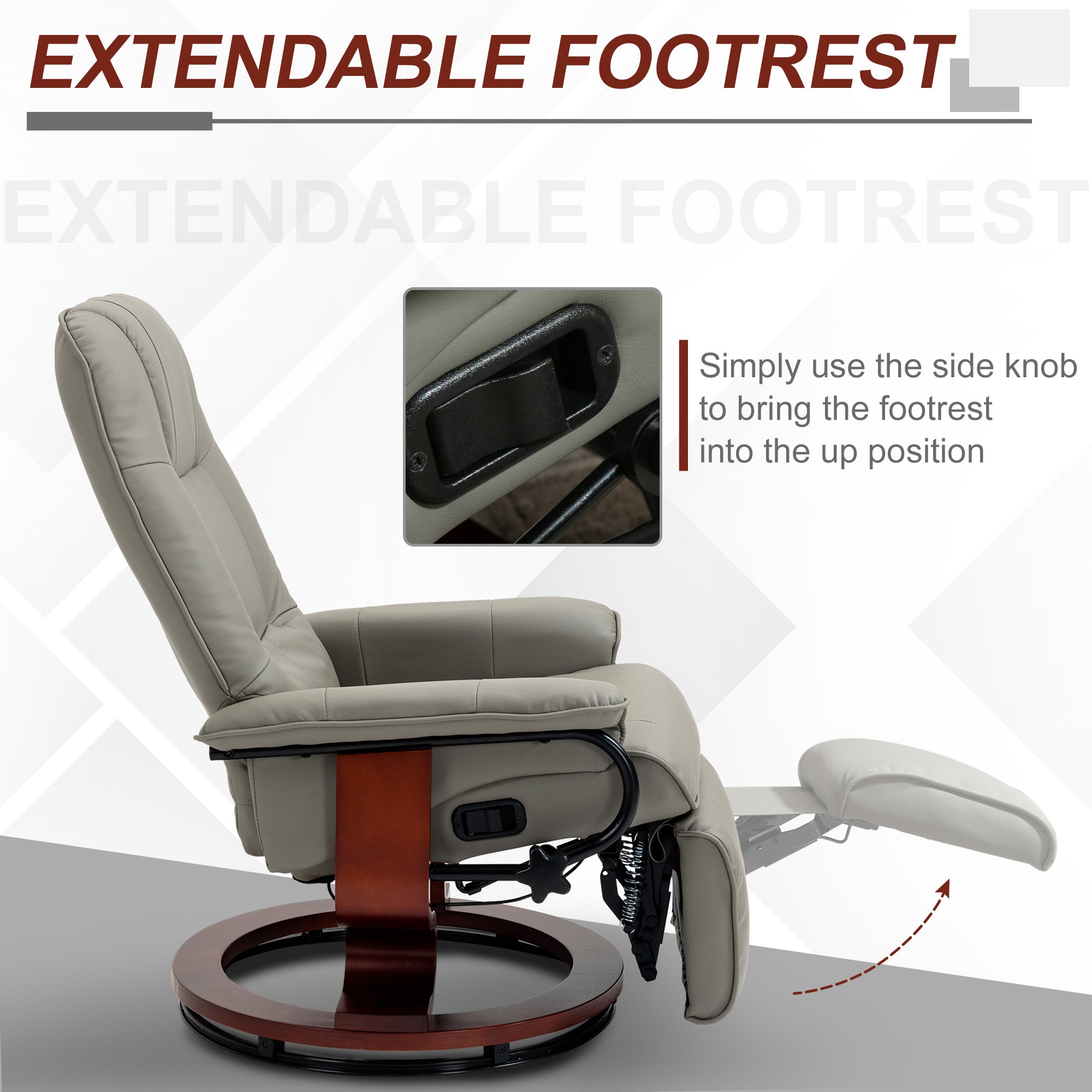 Faux Leather Manual Recliner, Adjustable Swivel Lounge Chair with Footrest, Armrest and Wrapped Wood Base for Living Room, Gray