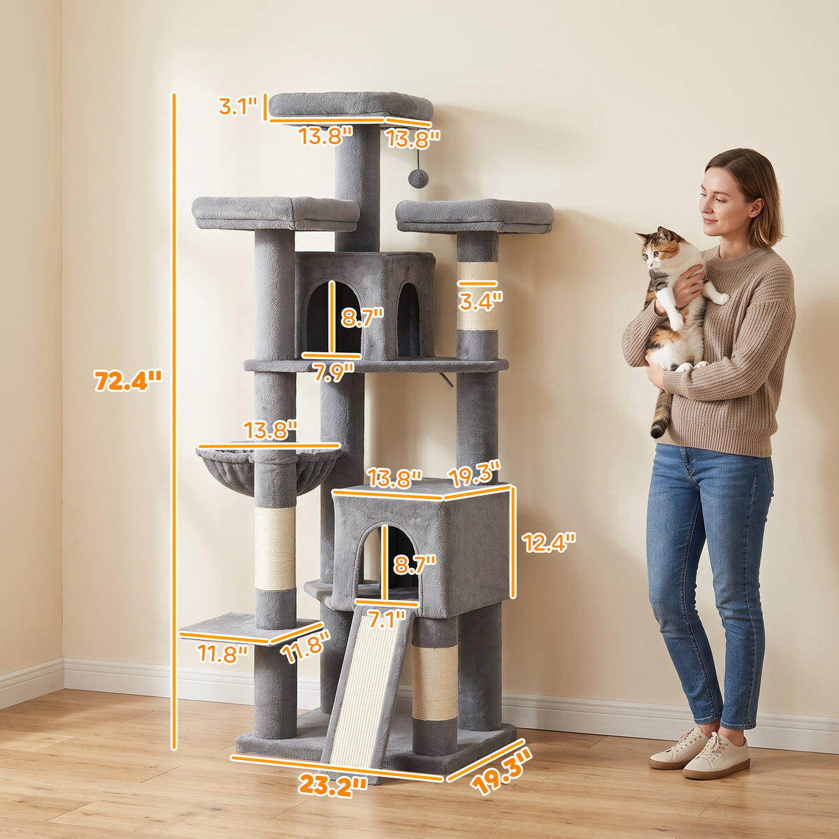72" Cat Tree, Large Cat Tower with 2 Condos, 3 Padded Beds, Hammock, 3 Scratching Posts and Ladder