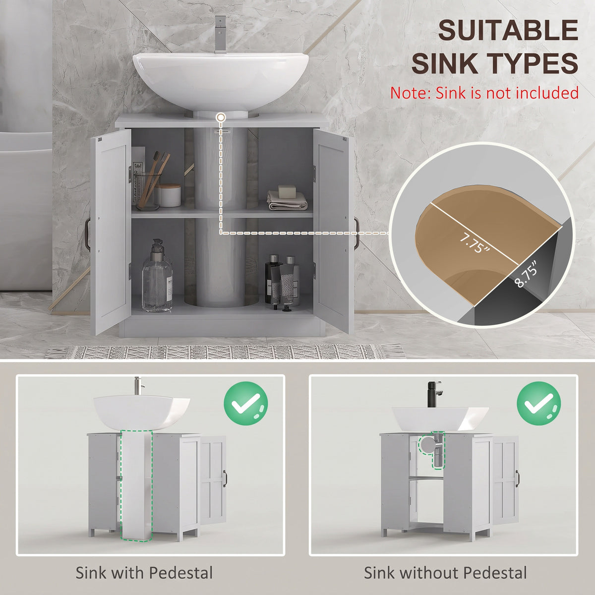 Bathroom Sink Cabinet, Pedestal Sink Cabinet with Adjustable Shelf, Gray