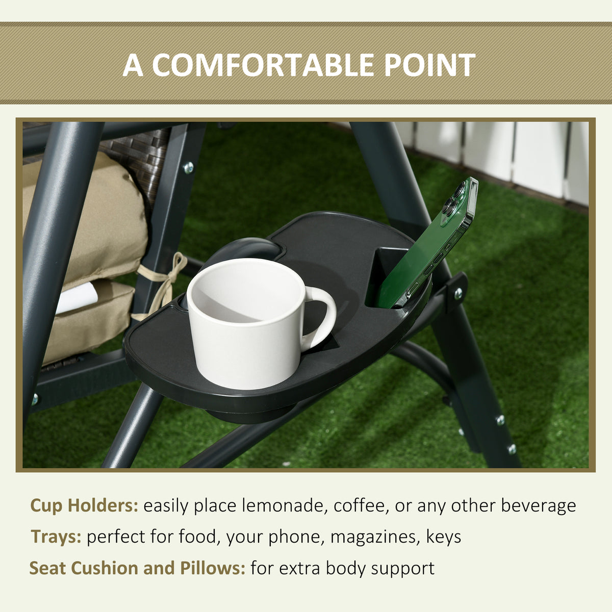 3-Seat Patio Swing Chair, Outdoor Canopy Swing Glider with Removable Cushion, Pillows, Adjustable Shade, and Rattan Seat, for Porch, Garden, Poolside, Backyard