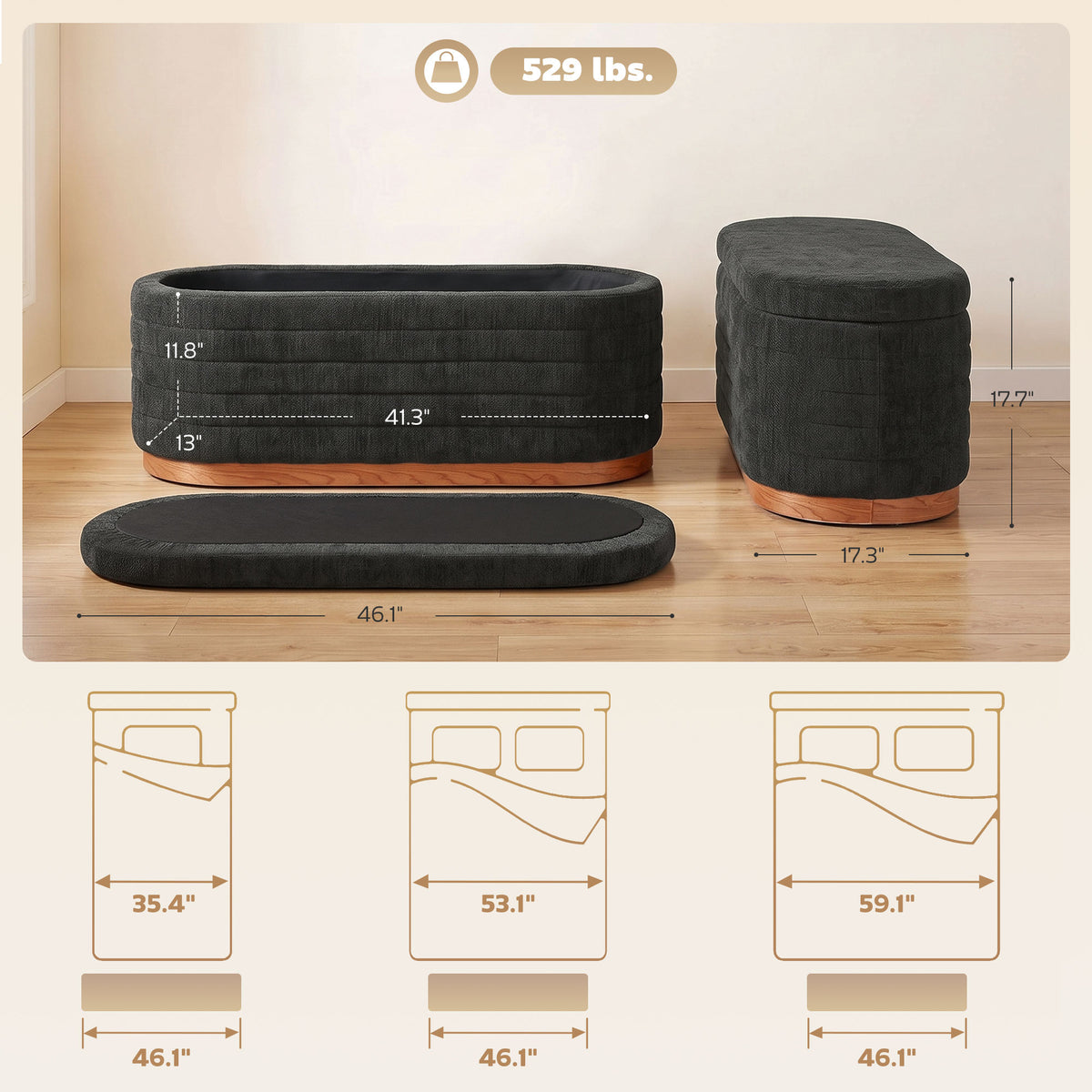 Storage Ottoman Bench Oval Chenille Upholstered Ottoman with Storage Chest, Dark Gray