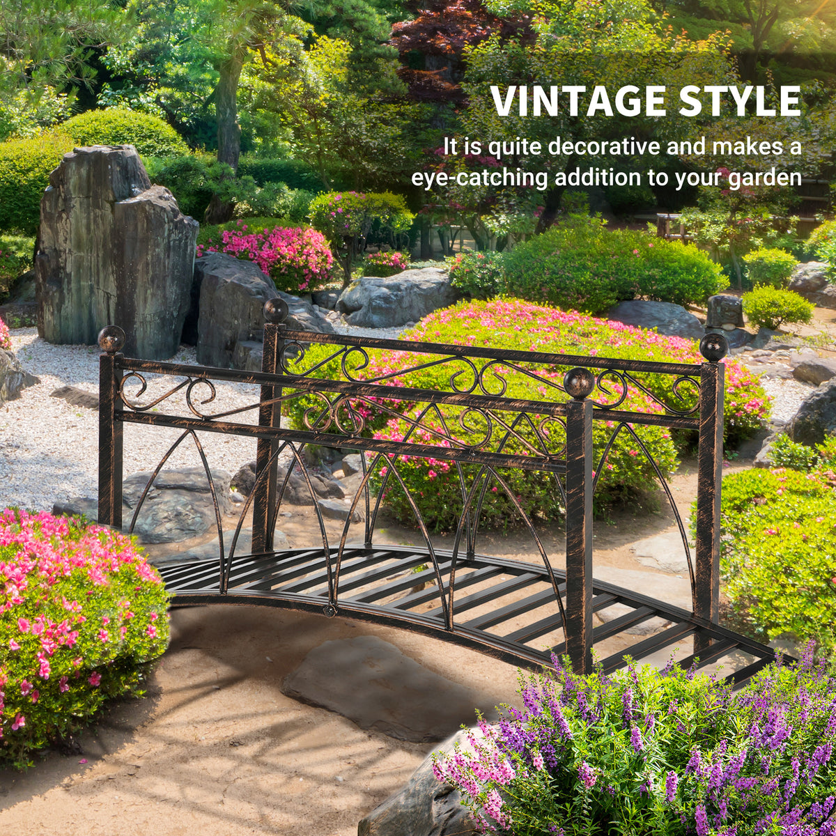 3.3' Metal Arch Zen Garden Bridge with Safety Siderails, Decorative Footbridge, Delicate Scrollwork & Corner Spheres for Stream, Fish Pond, Bronze
